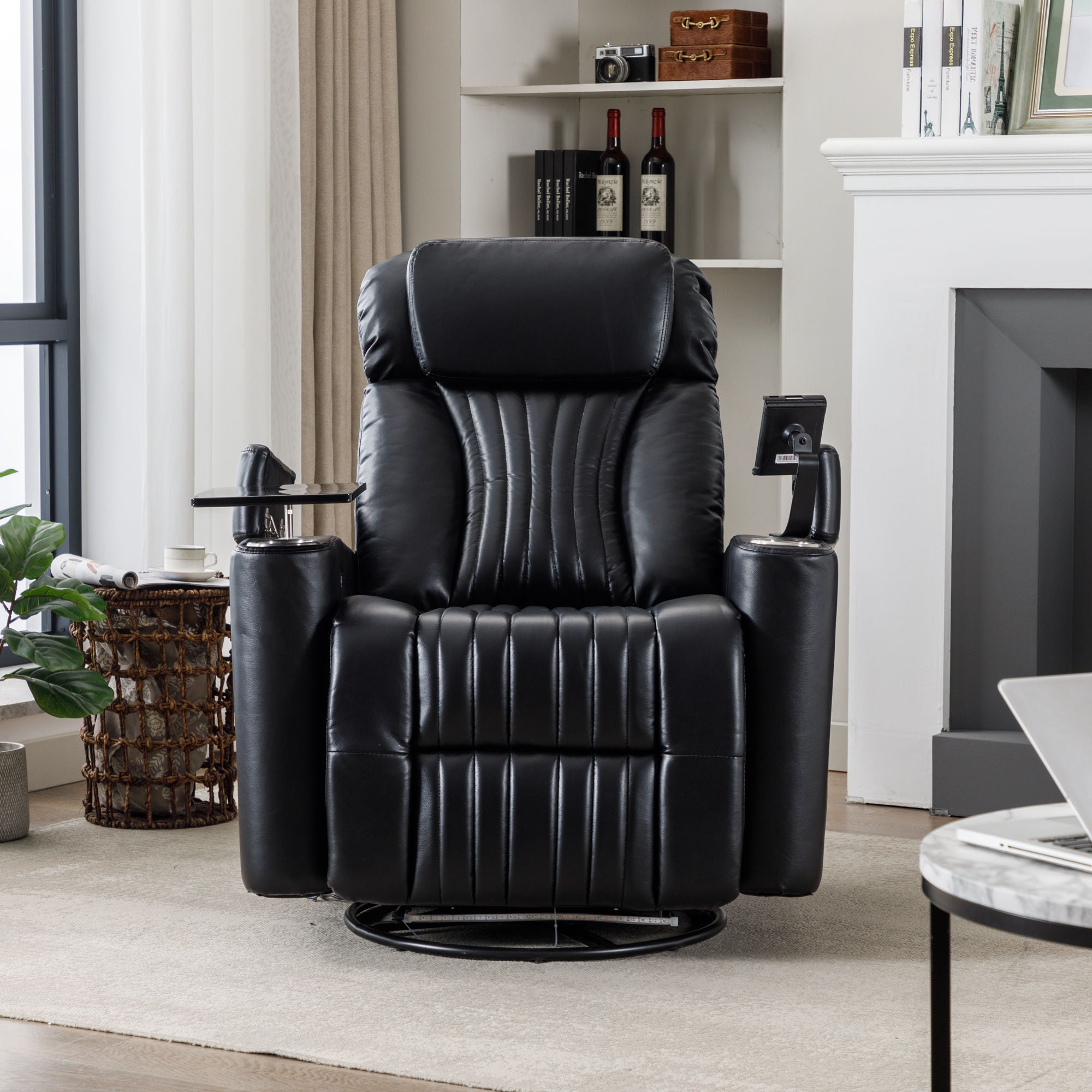 270° Power Swivel Recliner Home Theater Chair With Hidden Arm Storage, LED Light, Cup Holder, And Tray Table