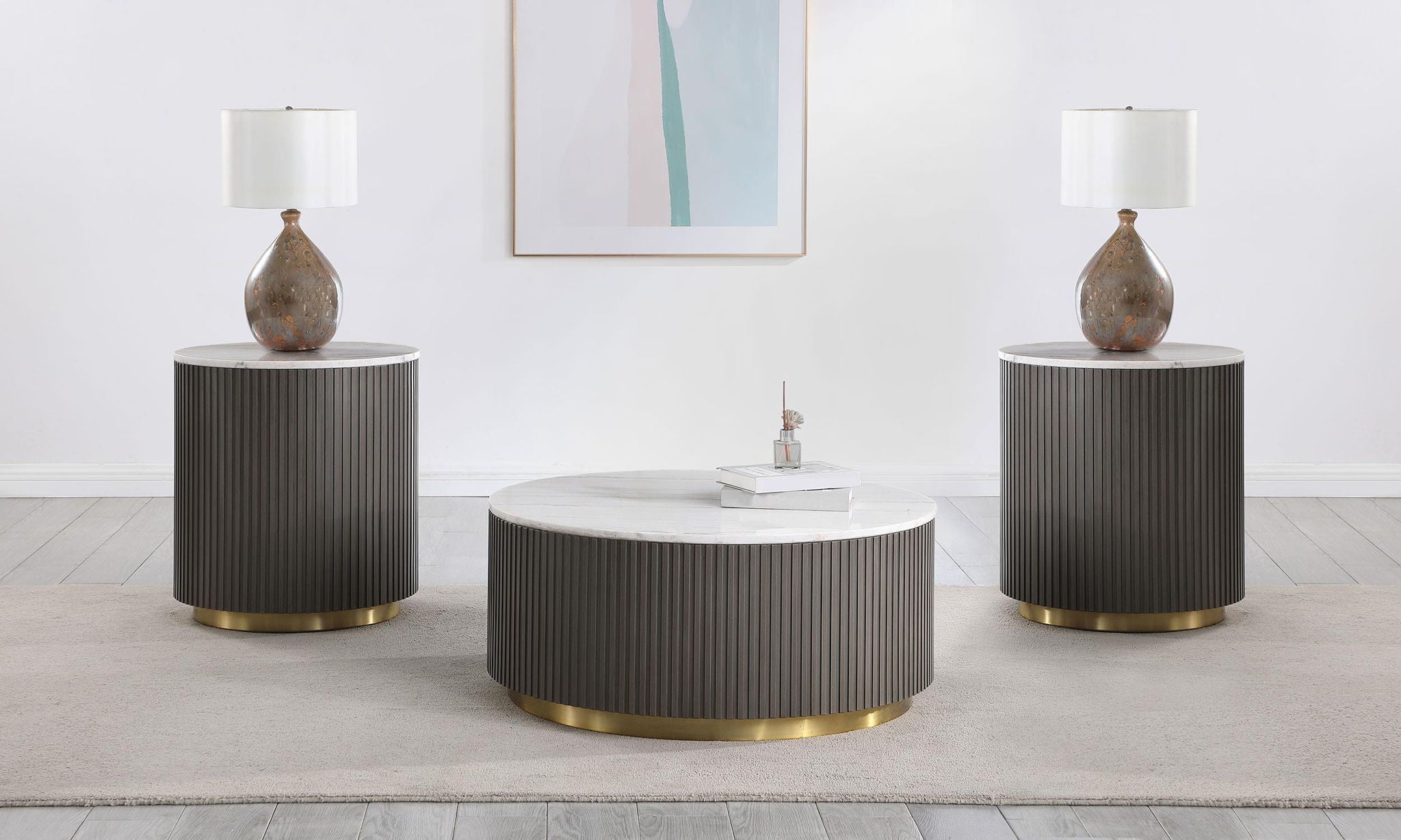 Jason 3-piece Round White Marble Coffee Table Set Charcoal