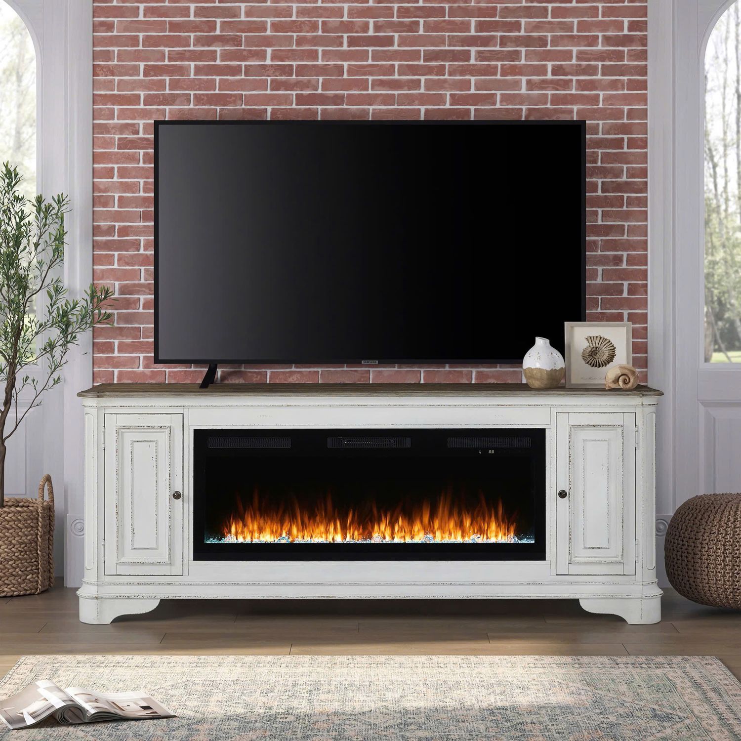 Fireplace TV Consoles - 244 82" Console With Fire FTS - White