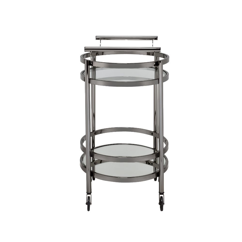 Show off your personality with the Lakelyn serving cart. The clear tempered glass top and mirror bottom are the ideal place for placing your dishes and dining accessories. Roll it where need be on its softer rubber wheels and prepare to entertain.