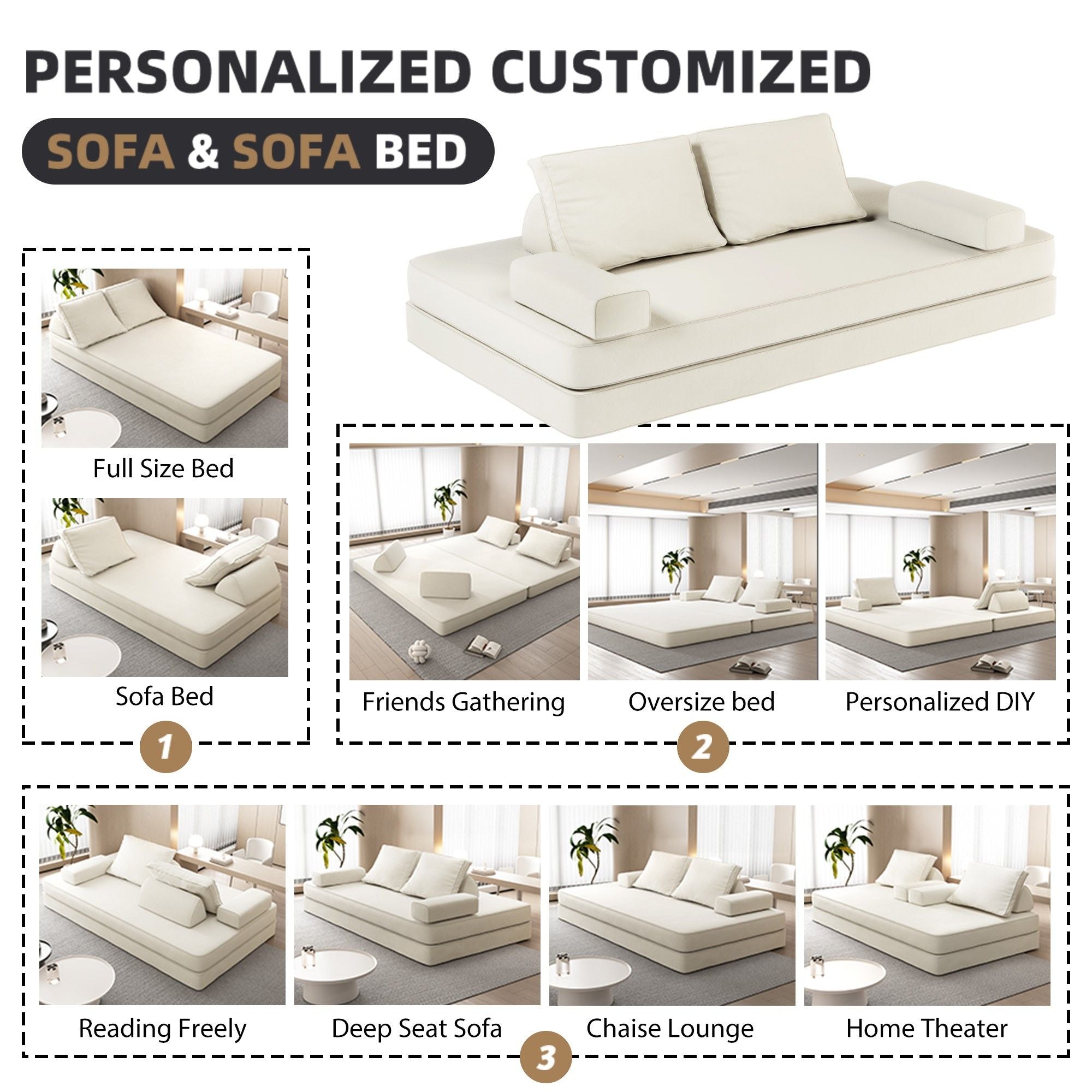 Multifunctional Convertible Sofa Bed With 2 Tumbler Backrests And 2 Pillows, Deep Seat Couch