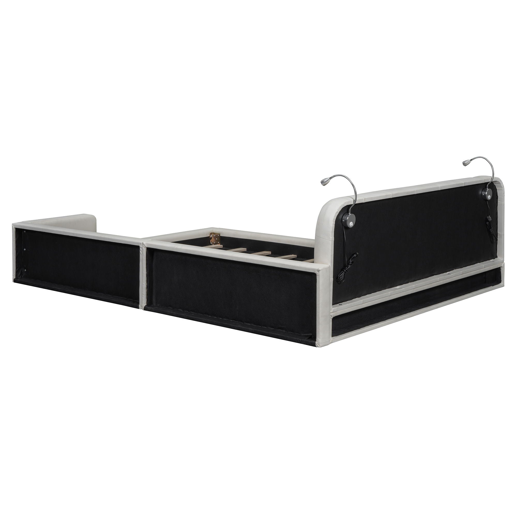 Queen Size Upholstered Platform Bed With 2 Reading Lights - White