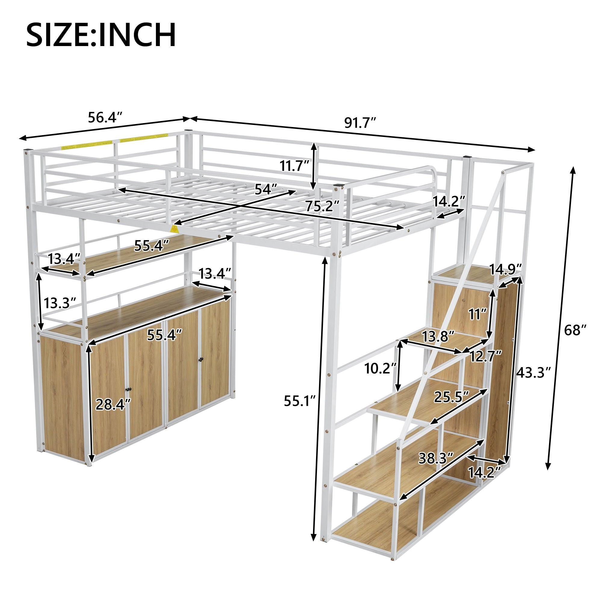 Full Size Loft Bed With Storage Staircase, Wardrobe, Shelves, And Lockers Natural Mdf Details - White / Natural