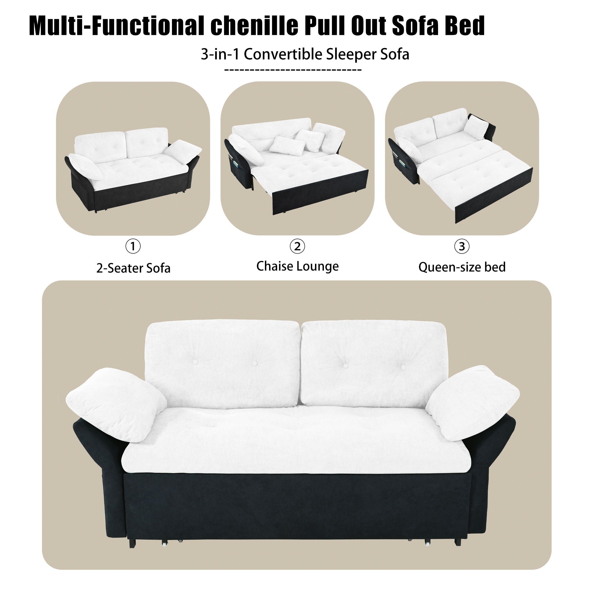 Modern Convertible Sleeper Sofa Bed With Pull-Out Queen Design, Side Storage & Thick Cushions