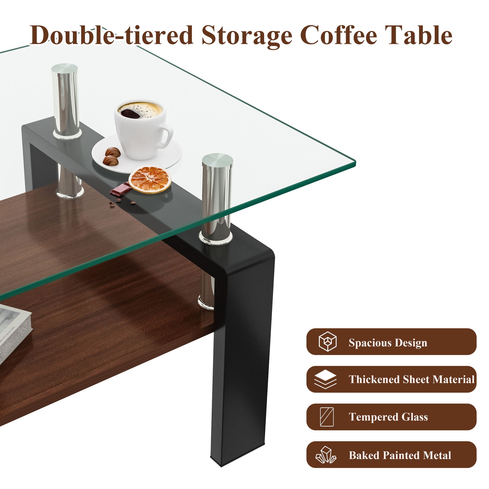Modern Rectangular Coffee Table With Tempered Glass Top Layer, Table For Living Room - Transparent