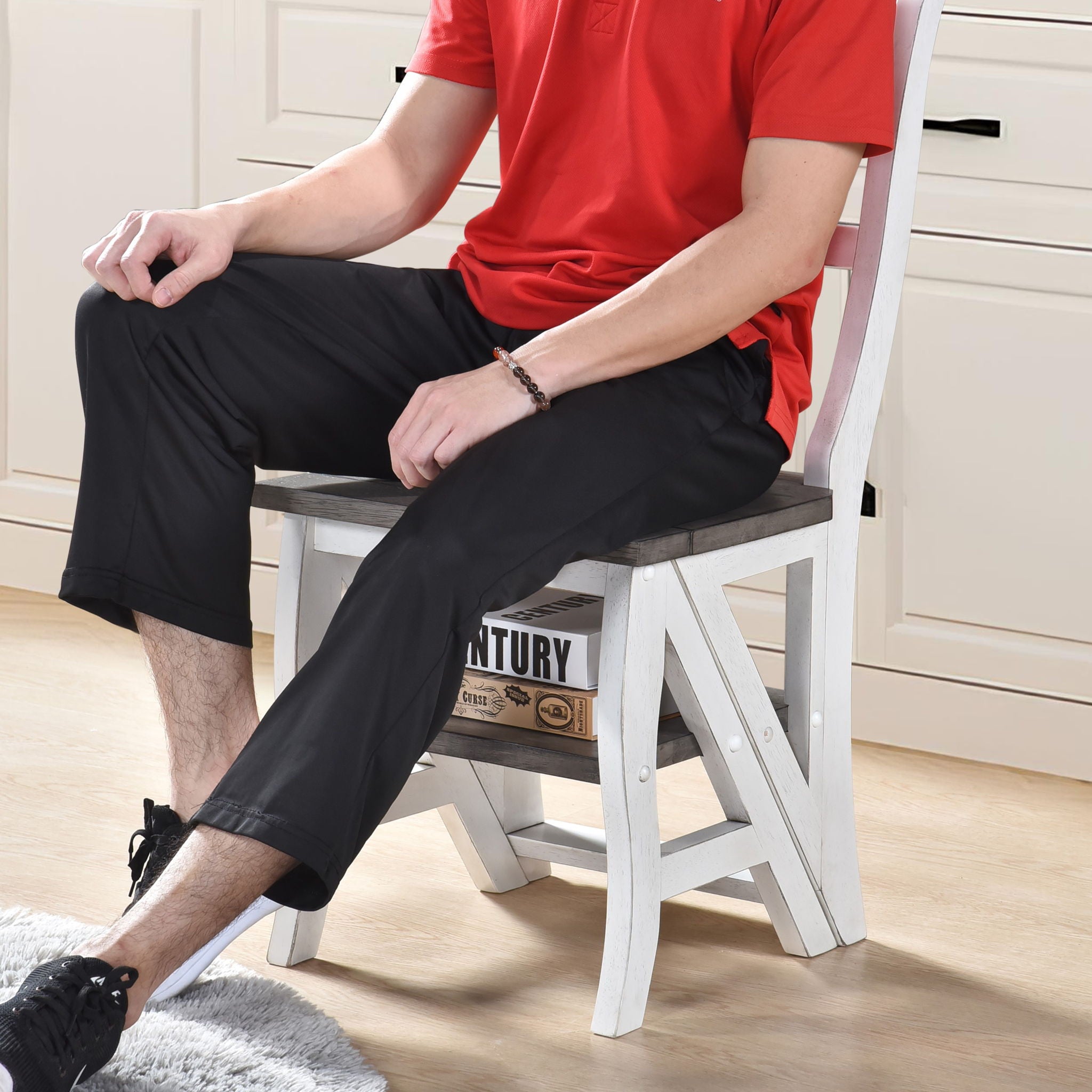 Solid Wood Foldable Ladderchair Dual Purpose Stepladders Step Display Stand Flower Stand Forhome, Library, Kitchen - Antique White / Sandstone