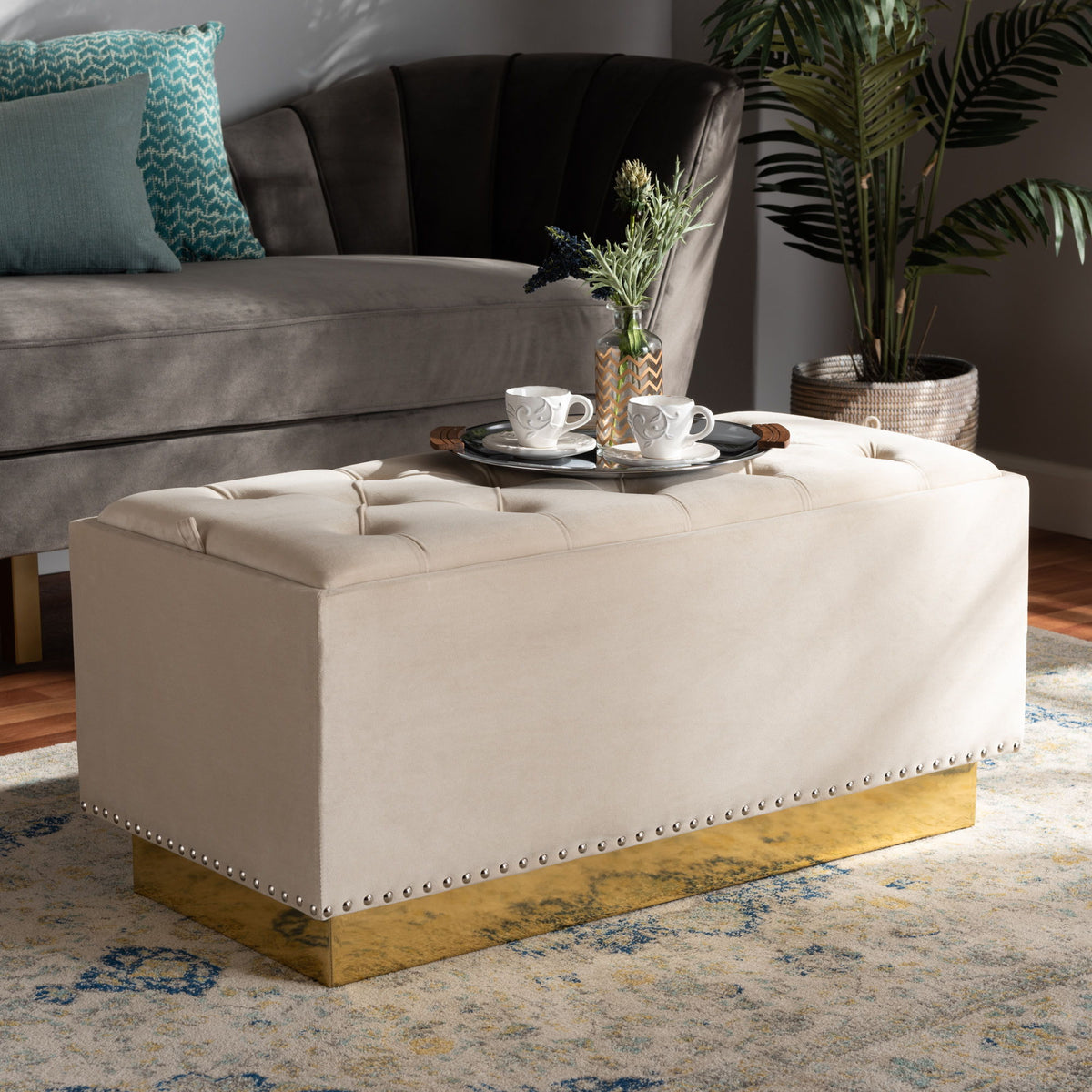 Powell Glam and Luxe Beige Velvet Fabric Upholstered and Gold PU Leather Storage Ottoman