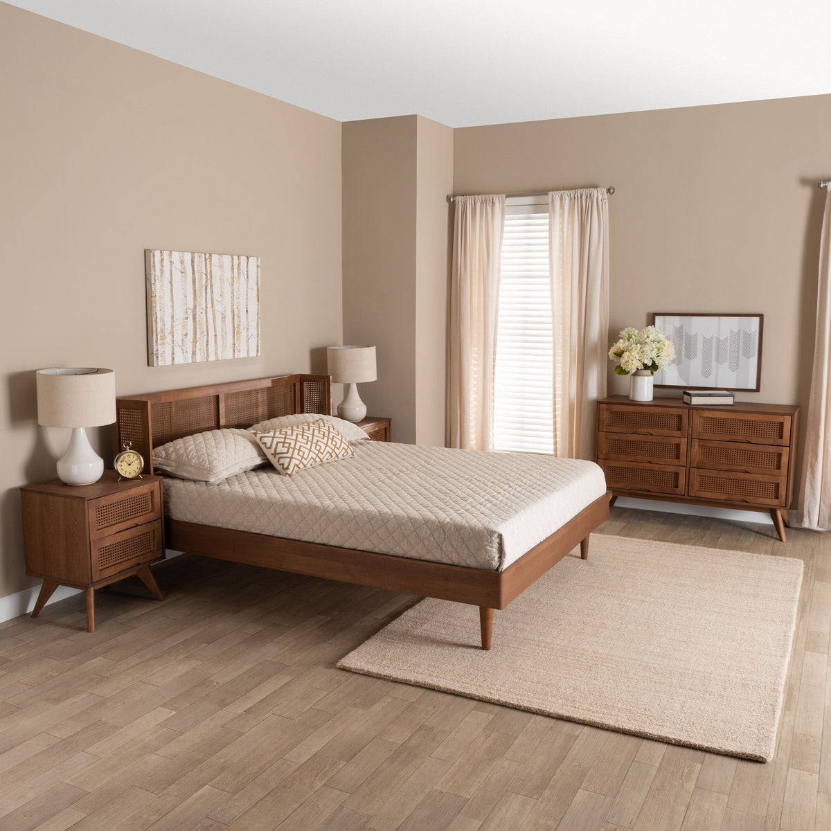 Rina Mid-Century Modern Ash Walnut Finished Wood 4-Piece Queen Size Bedroom Set with Synthetic Rattan