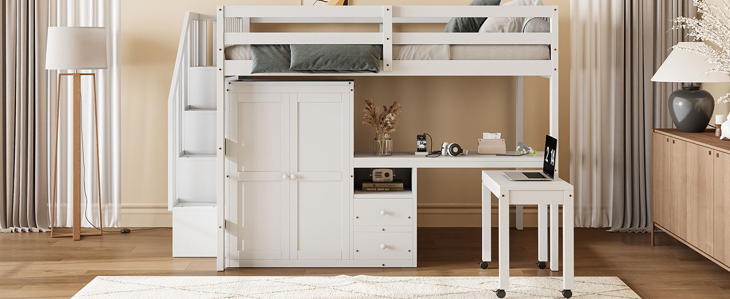 Loft Bed With Stairs, Bookshelf, Drawers, Desk & Wardrobe, Space Saving Multifunctional Furniture