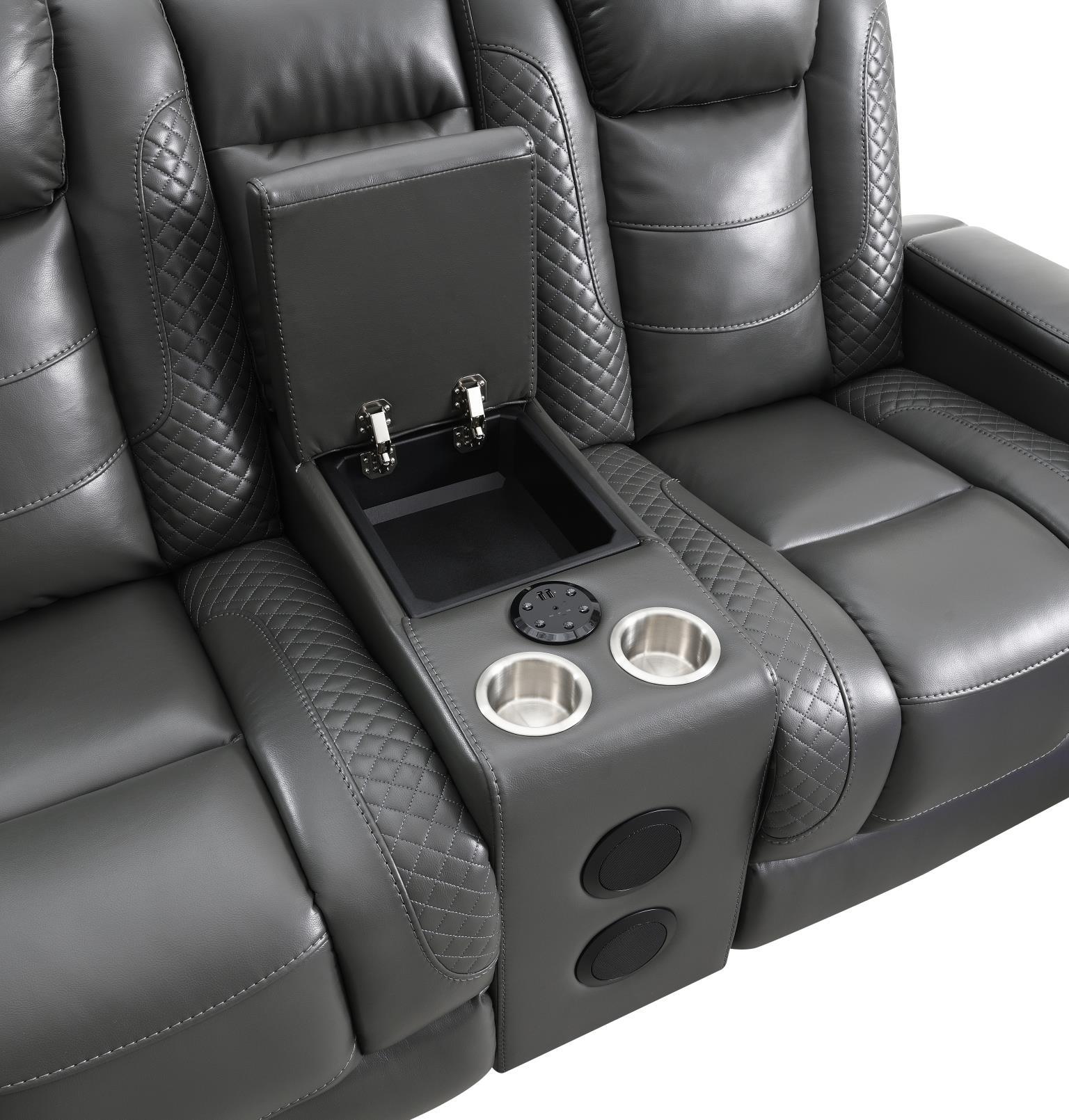 U93 - LED Power Reclining With Power Headrest, And Drop Down Table Sofa - Gray