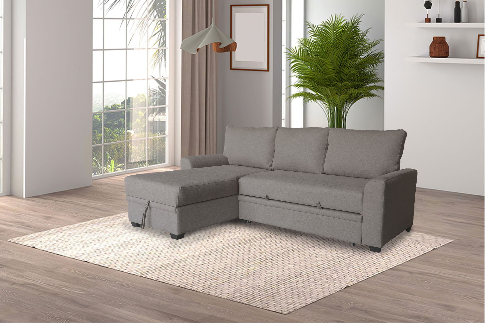 Namir 90.5"W Brown Flannel Fabric Sleeper Sectional with Left-Facing Storage Chaise