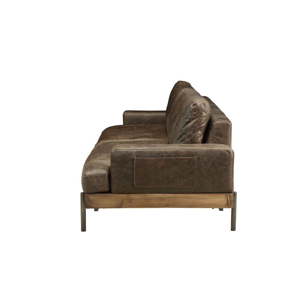 ACME Silchester - Sofa - Oak & Distress Chocolate Top Grain Leather | Meri Furniture