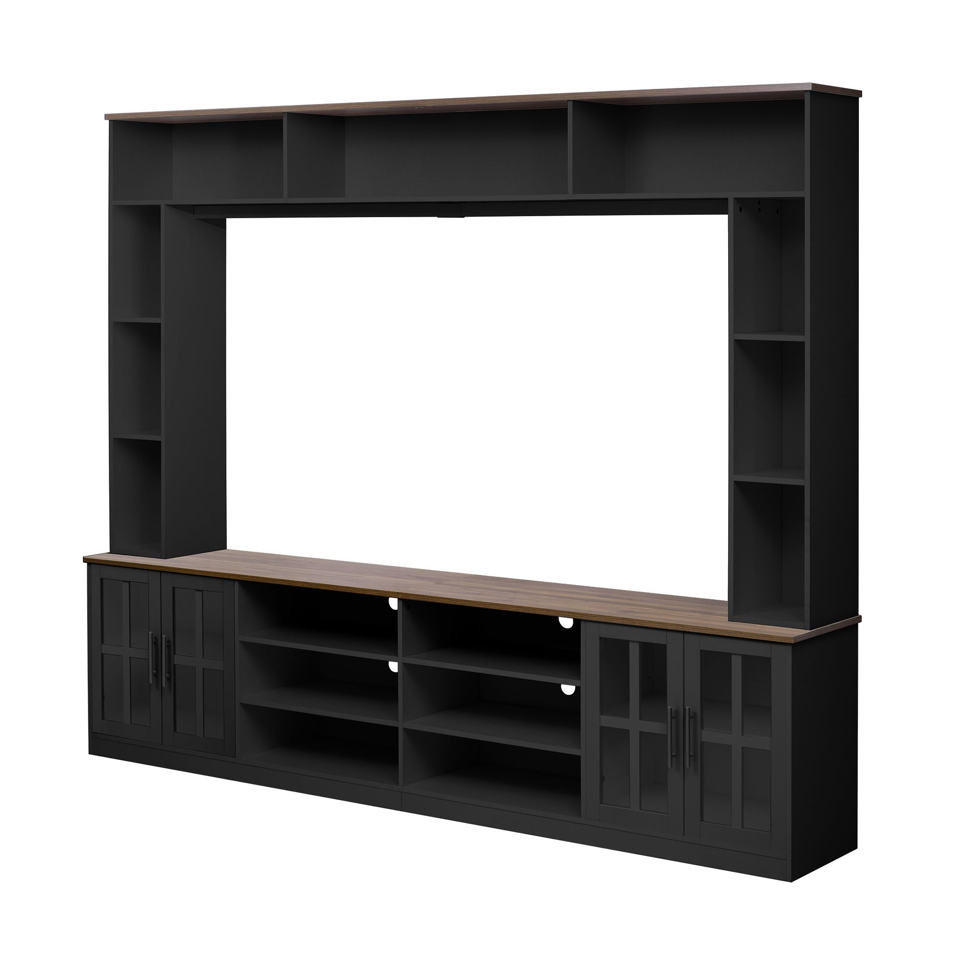 Wall Unit Entertainment Center With Bookshelves For TVs Up To 80", Tempered Glass Doors And Adjustable Shelves