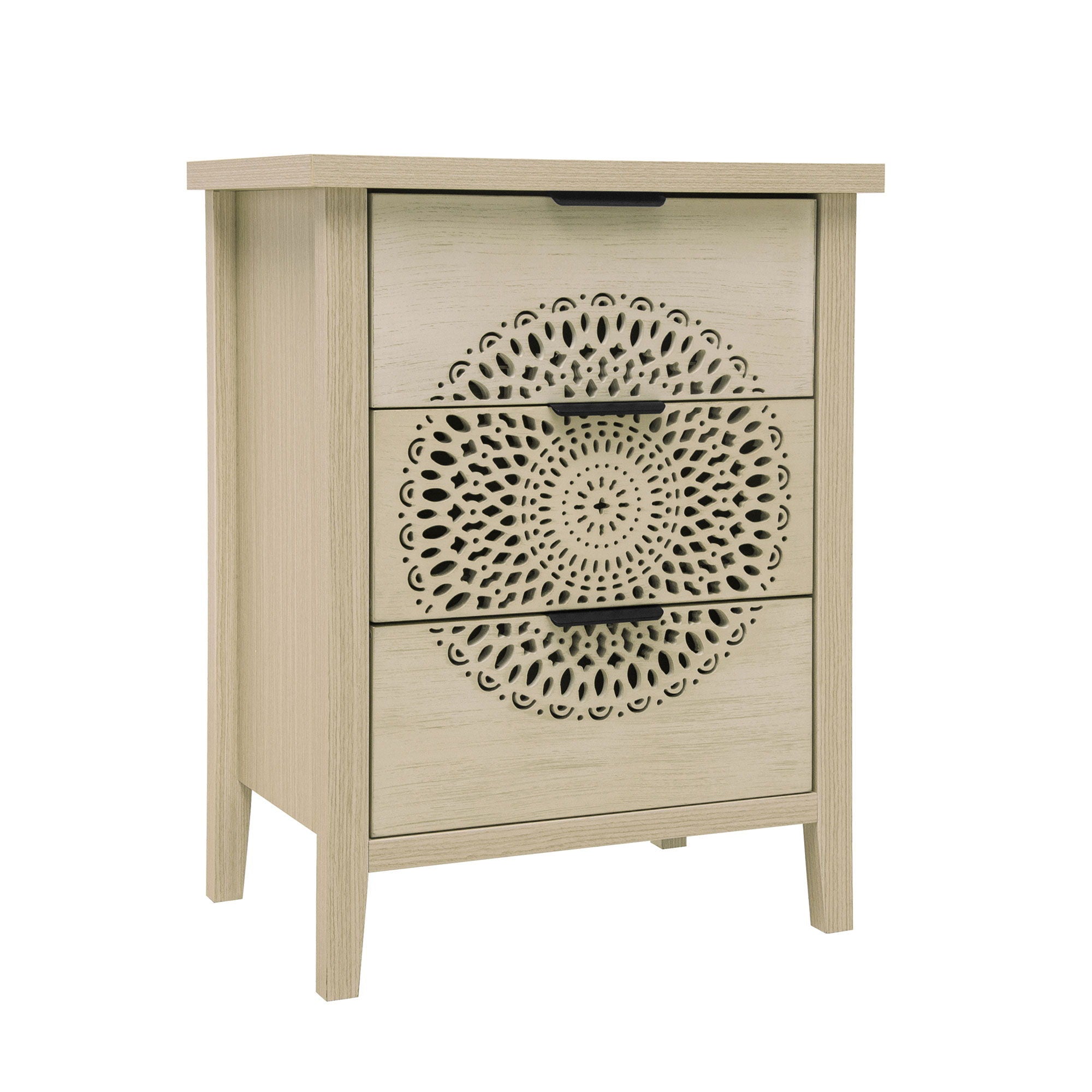 Hollow Carved 3 Drawer Cabinet Dresser Storage Chest With Metal Handles For Living Room Bedroom - Natural