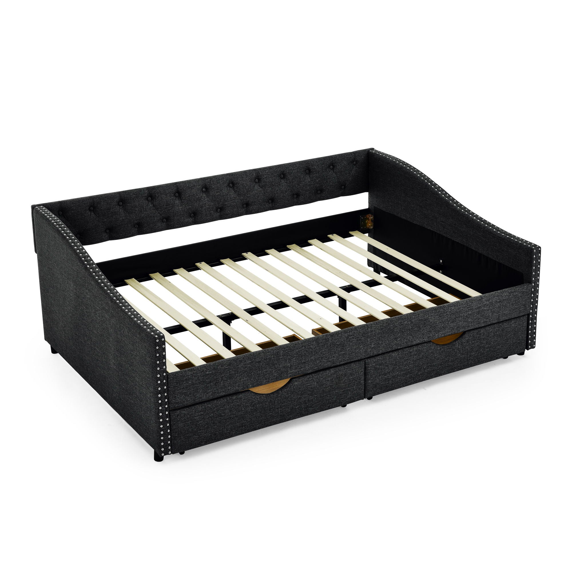 Upholstered Tufted Daybed With 2 Drawers, Waved Arms