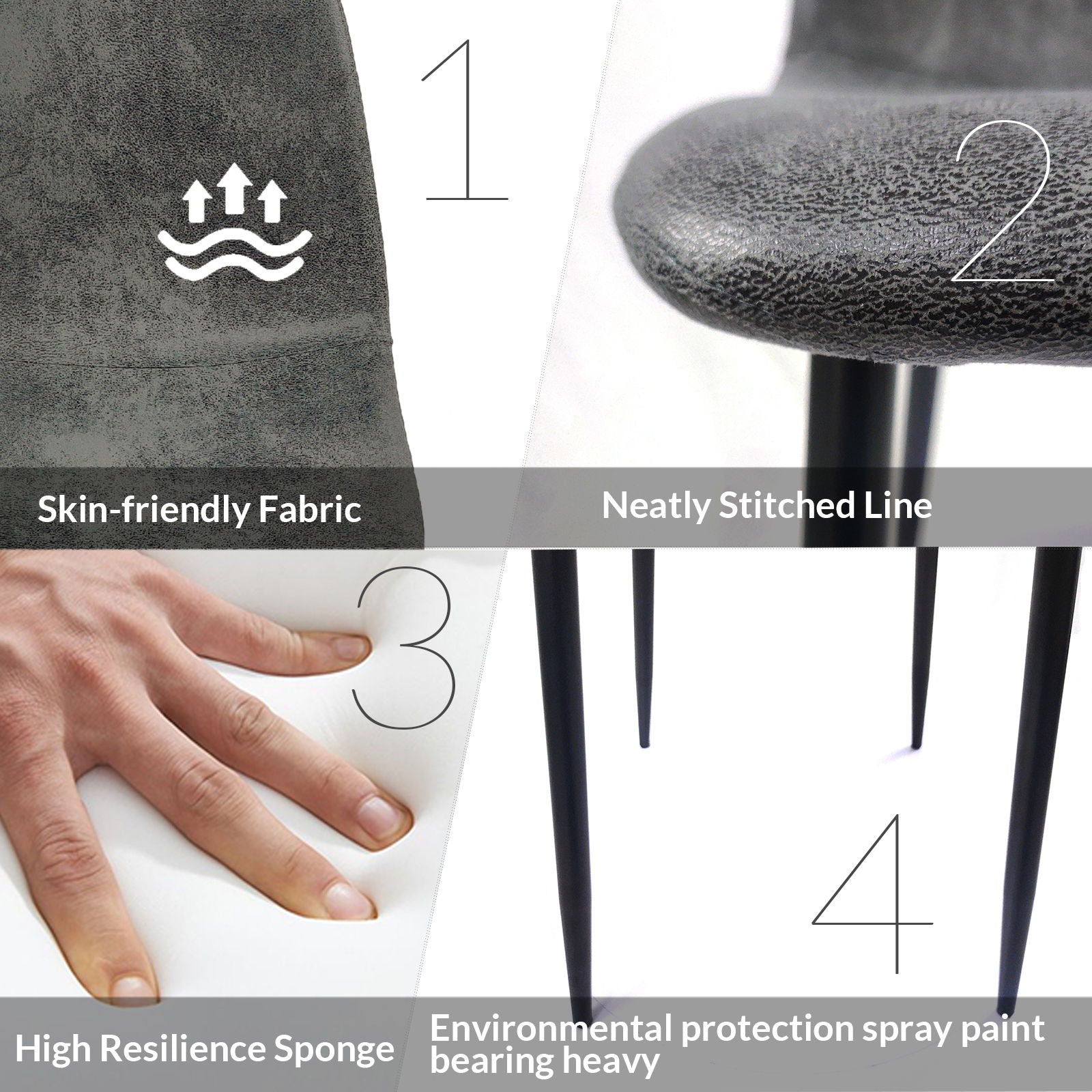 Modern Dining Table Set For 4 With Suede Upholstered Chairs, Round Design - Black / Gray