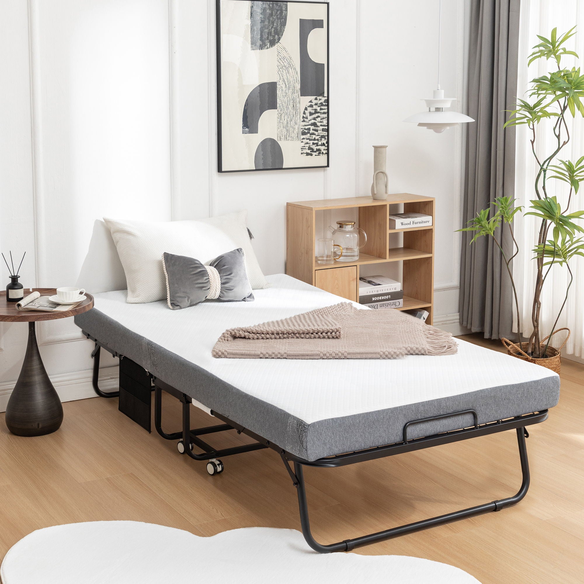 Foldable Metal Frame Bed For Guest With Memory Foam Mattress On Wheels, Saving Space Rollaway Bed