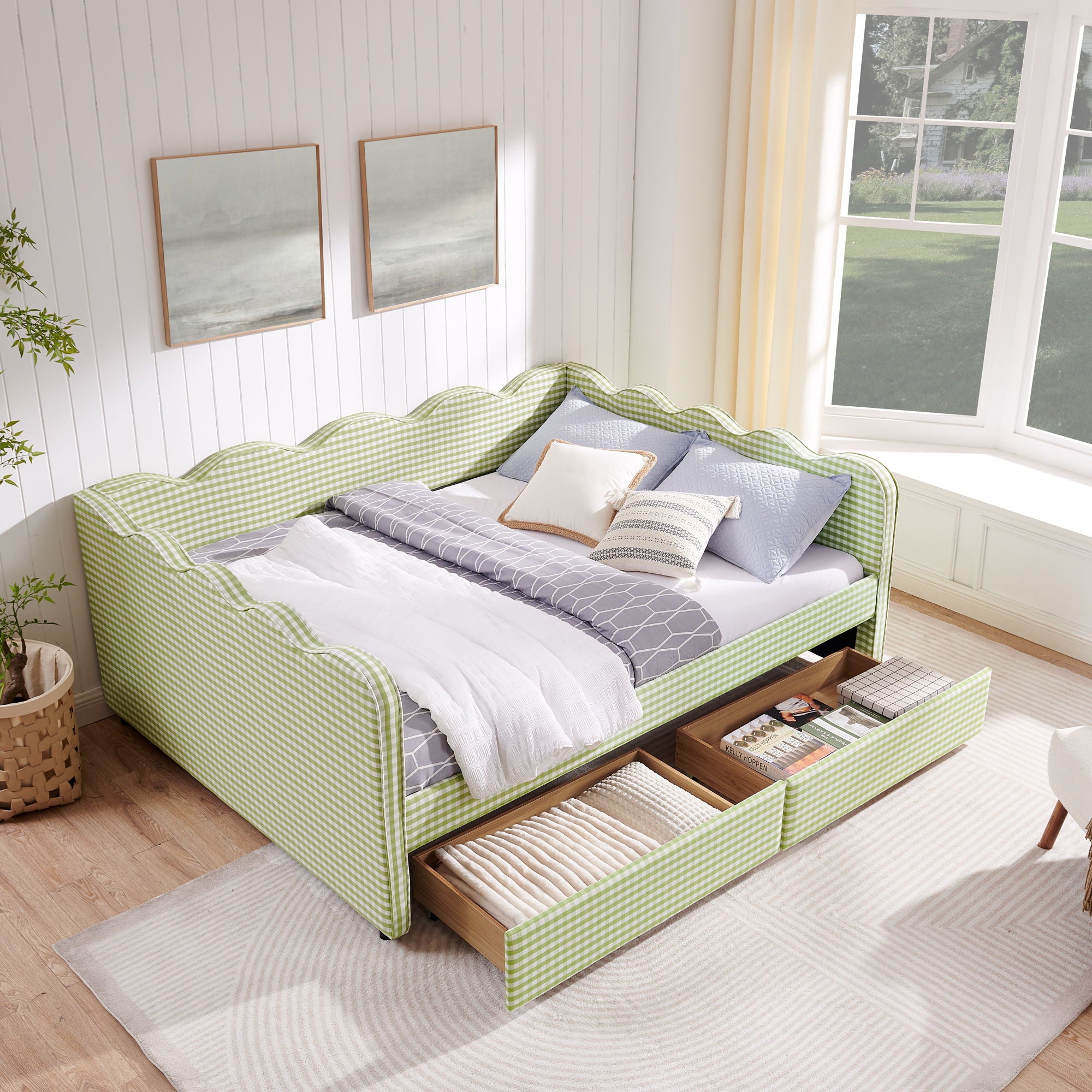 Gingham Daybed With USB Charging Port, Wave-Shaped Design