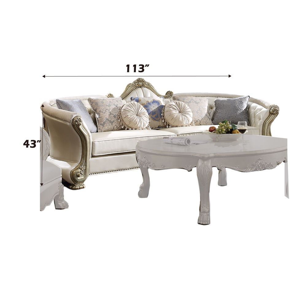 Dresden II - Sofa With 7 Pillows - Pearl Synthetic Leather & Gold Patina