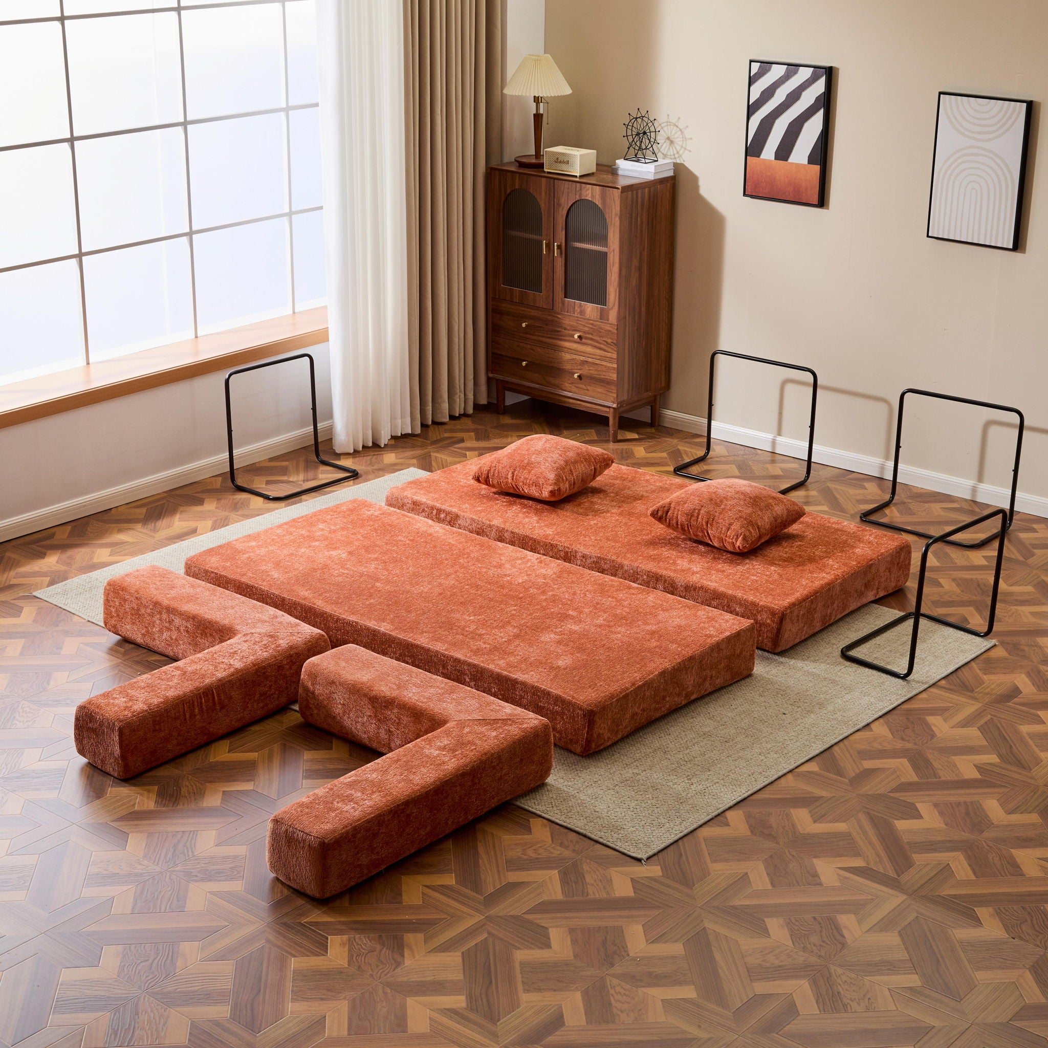 Convertible Floor Sofa Bed With Pillow Back Support Armrest