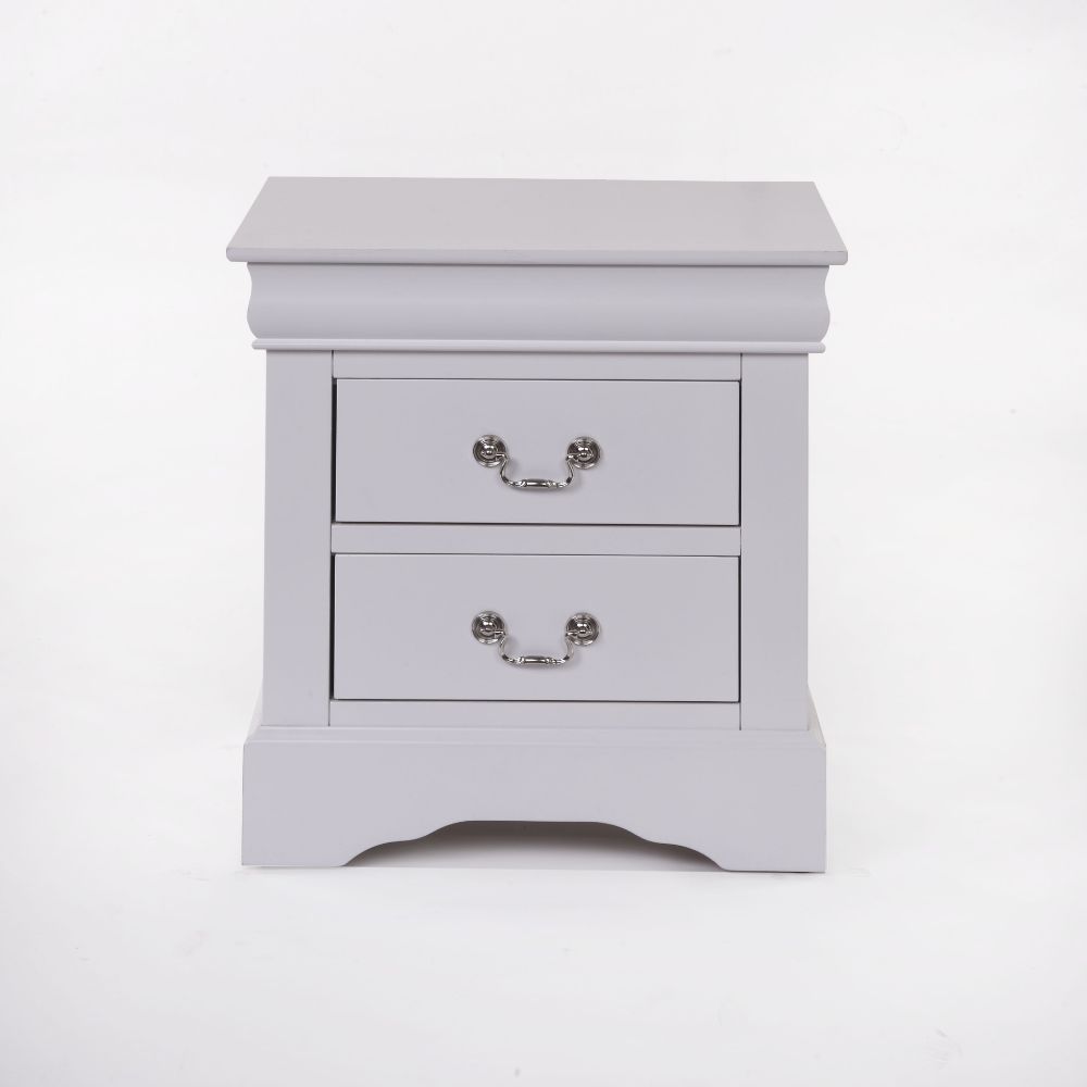 It has two drawers with center metal glide and brushed nickel metal handle. Offers you plentiful storage with spacious drawers