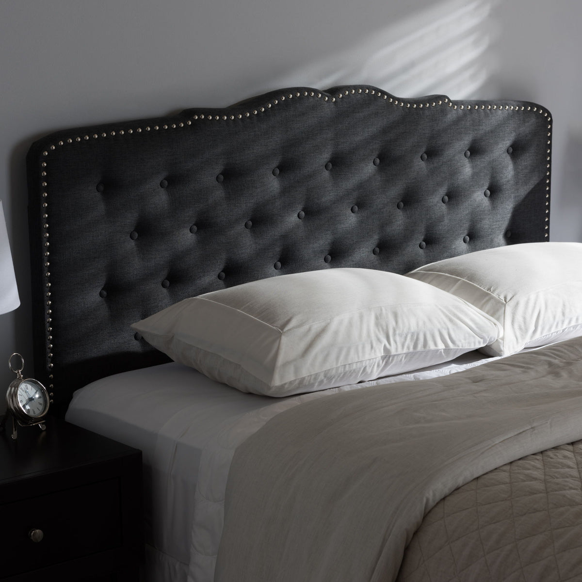 Lucy Modern and Contemporary Dark Grey Fabric King Size Headboard