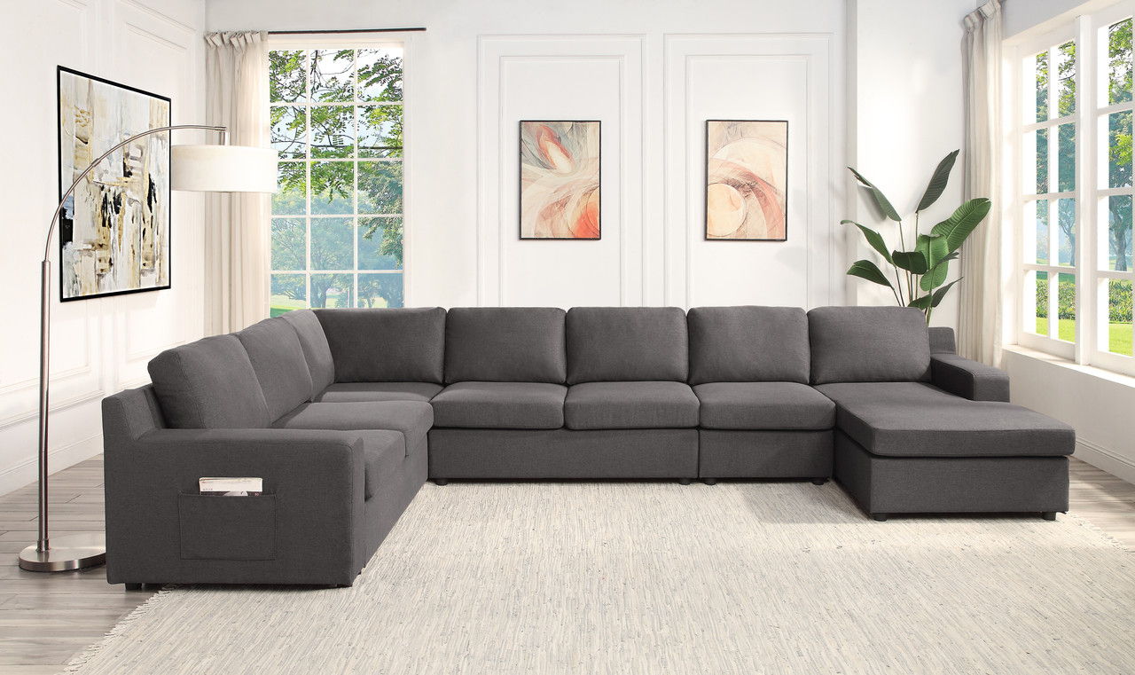 Waylon 145.5"W Gray Linen 7-Seater U-Shape Sectional Sofa Chaise with Pocket