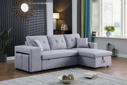 Dennis 93"W Light Gray Linen Fabric Reversible Sleeper Sectional with Storage Chaise and 2 Stools