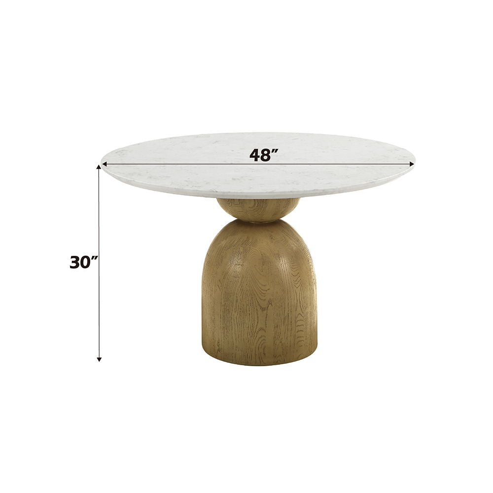 ACME Kala - Round Dining Table With Marble Top - Natural Marble Top & Oak Finish | Meri Furniture