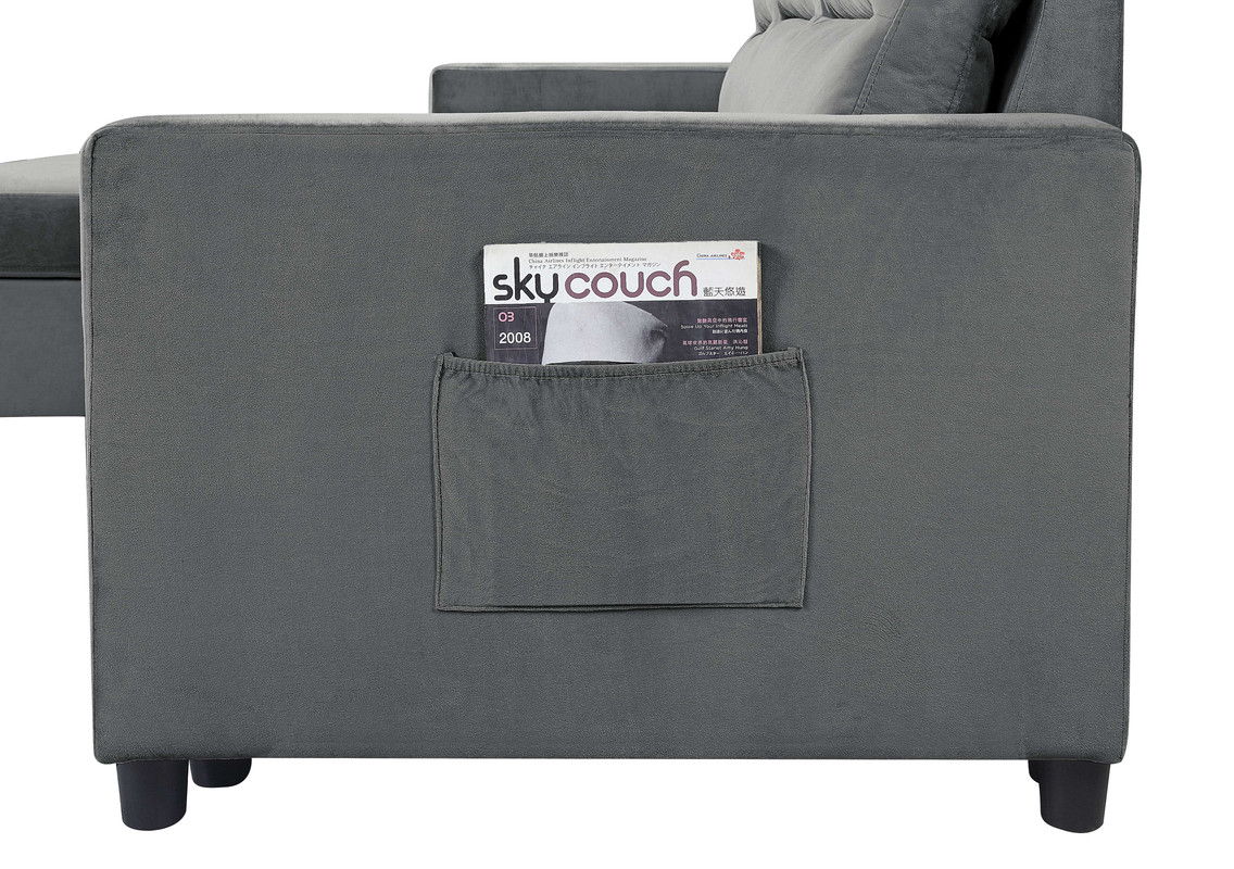 Ivy 81.5"W Dark Gray Velvet Reversible Sleeper Sectional Sofa with Storage Chaise and Side Pocket