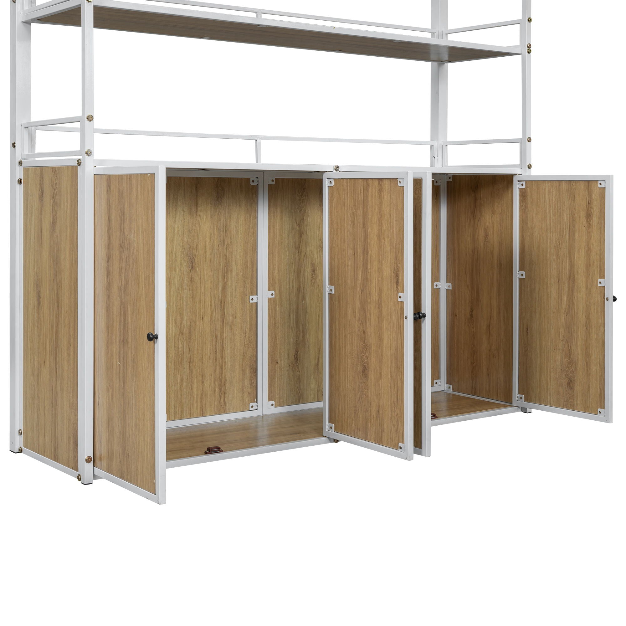 Full Size Loft Bed With Storage Staircase, Wardrobe, Shelves, And Lockers Natural Mdf Details - White / Natural