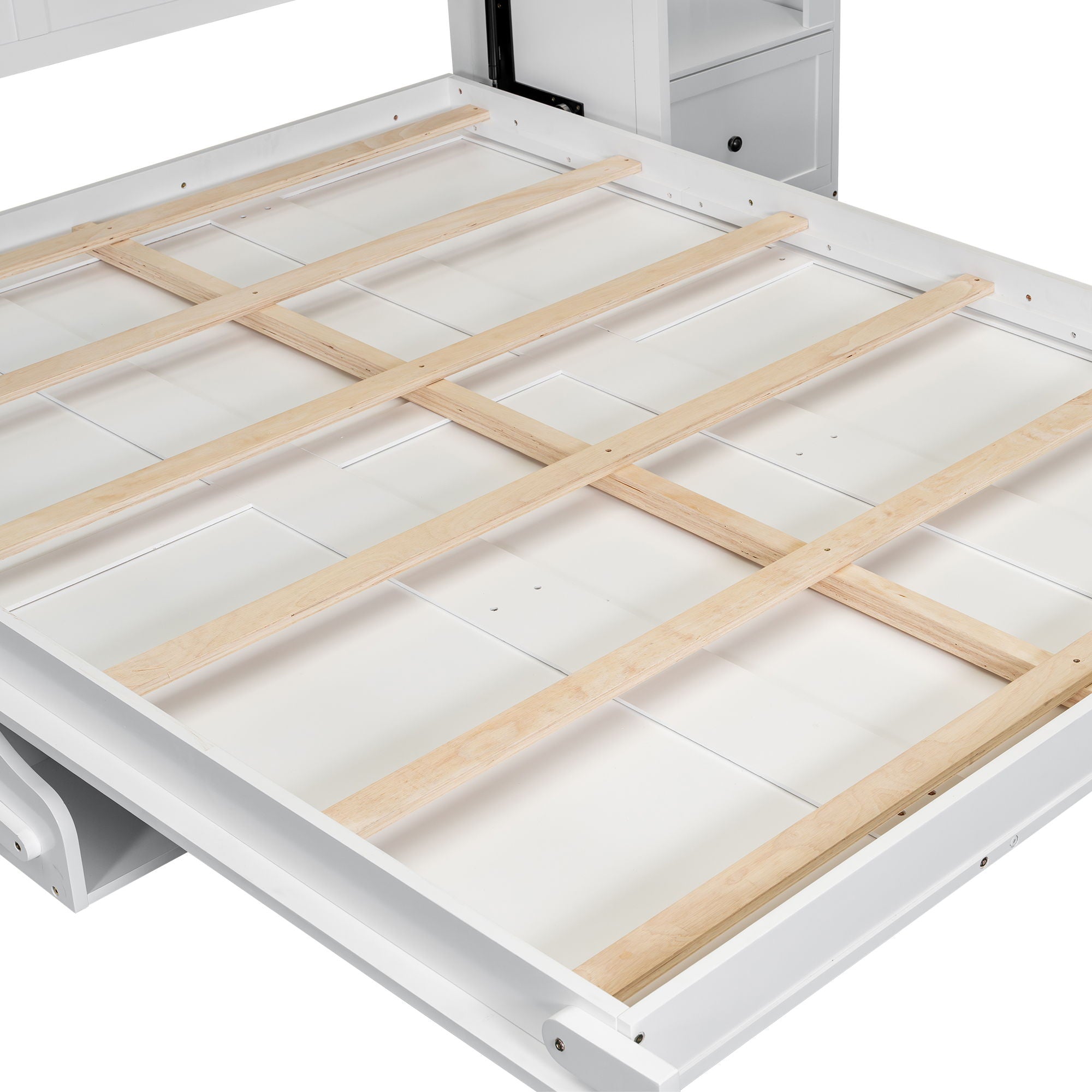 French Style Murphy Platform Bed With Shelf, Side Cabinets, Drawers And LED