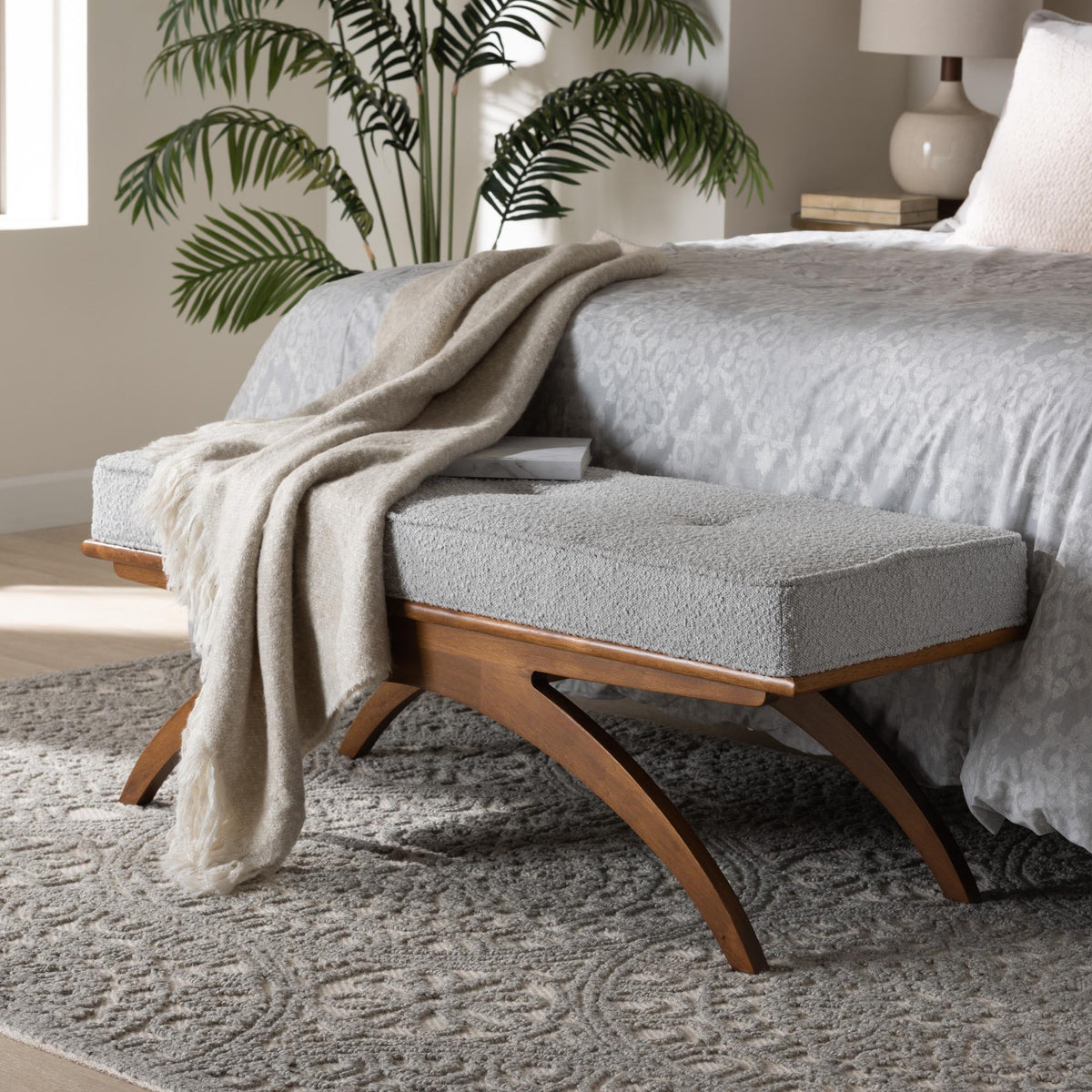 Orella Japandi Light Grey Boucle Fabric and Walnut Brown Finished Wood Bench