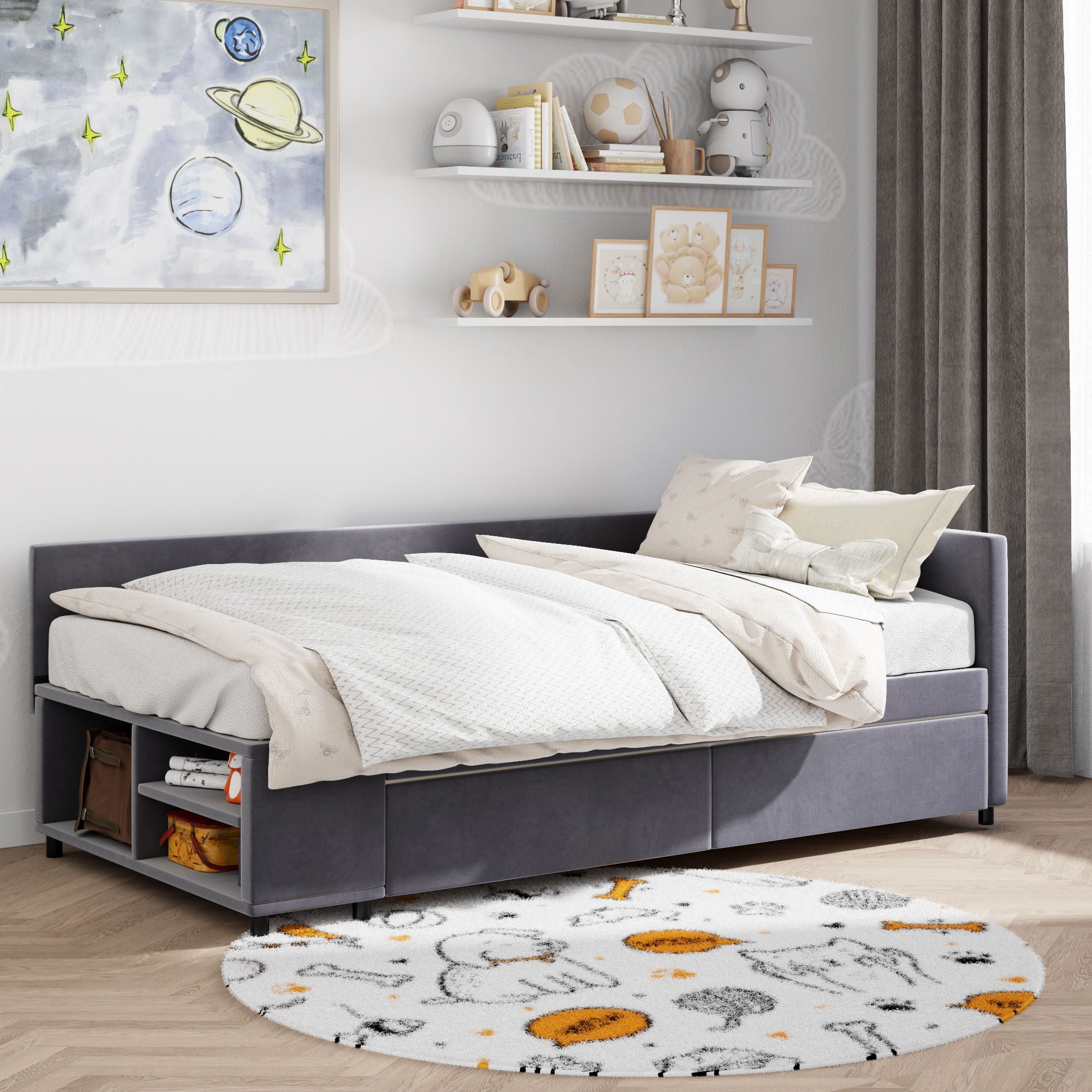 L Shaped Upholstered Platform Bed With Storage And Drawers