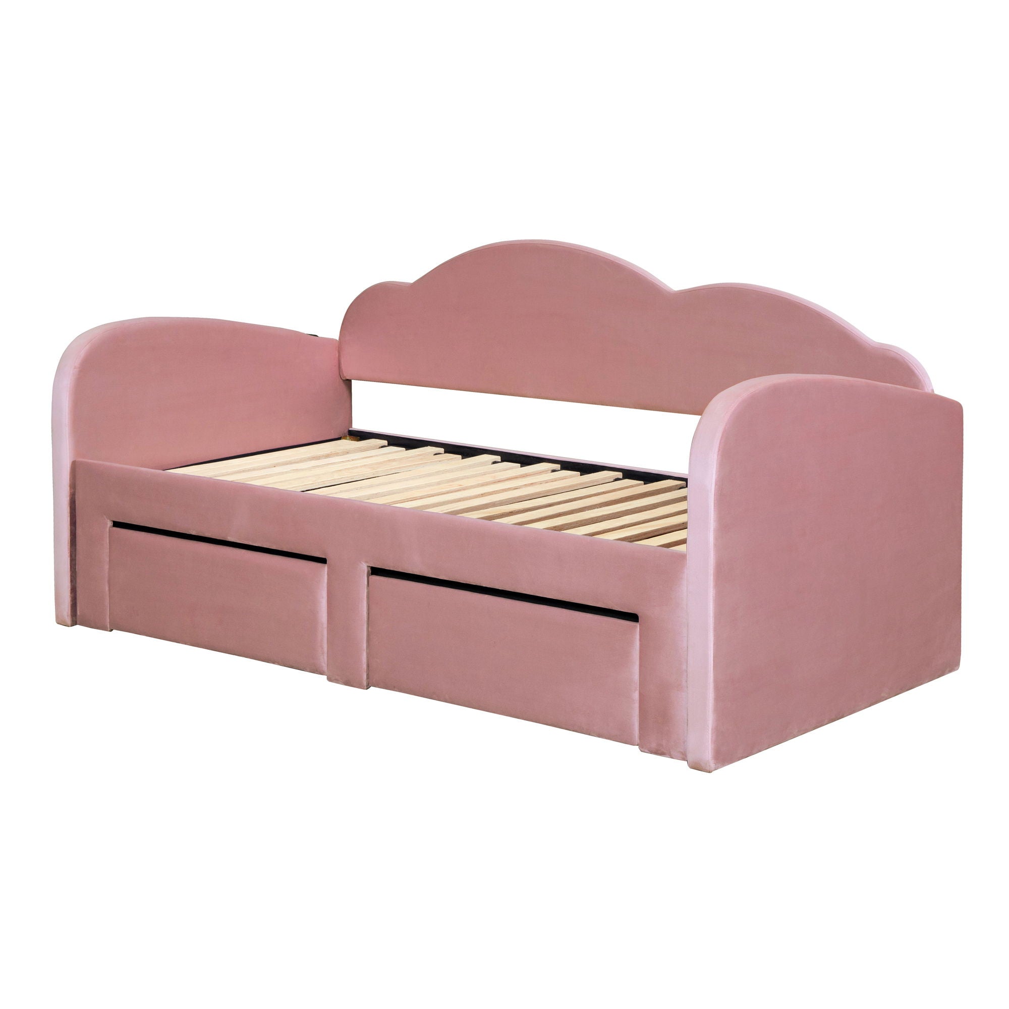 Upholstered Daybed With Cloud-Shaped Backrest, Trundle & 2 Drawers And USB Ports