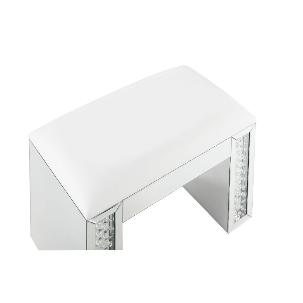 ACME Nysa - Vanity Stool - Ivory PU, Mirrored & Faux Crystals | Meri Furniture