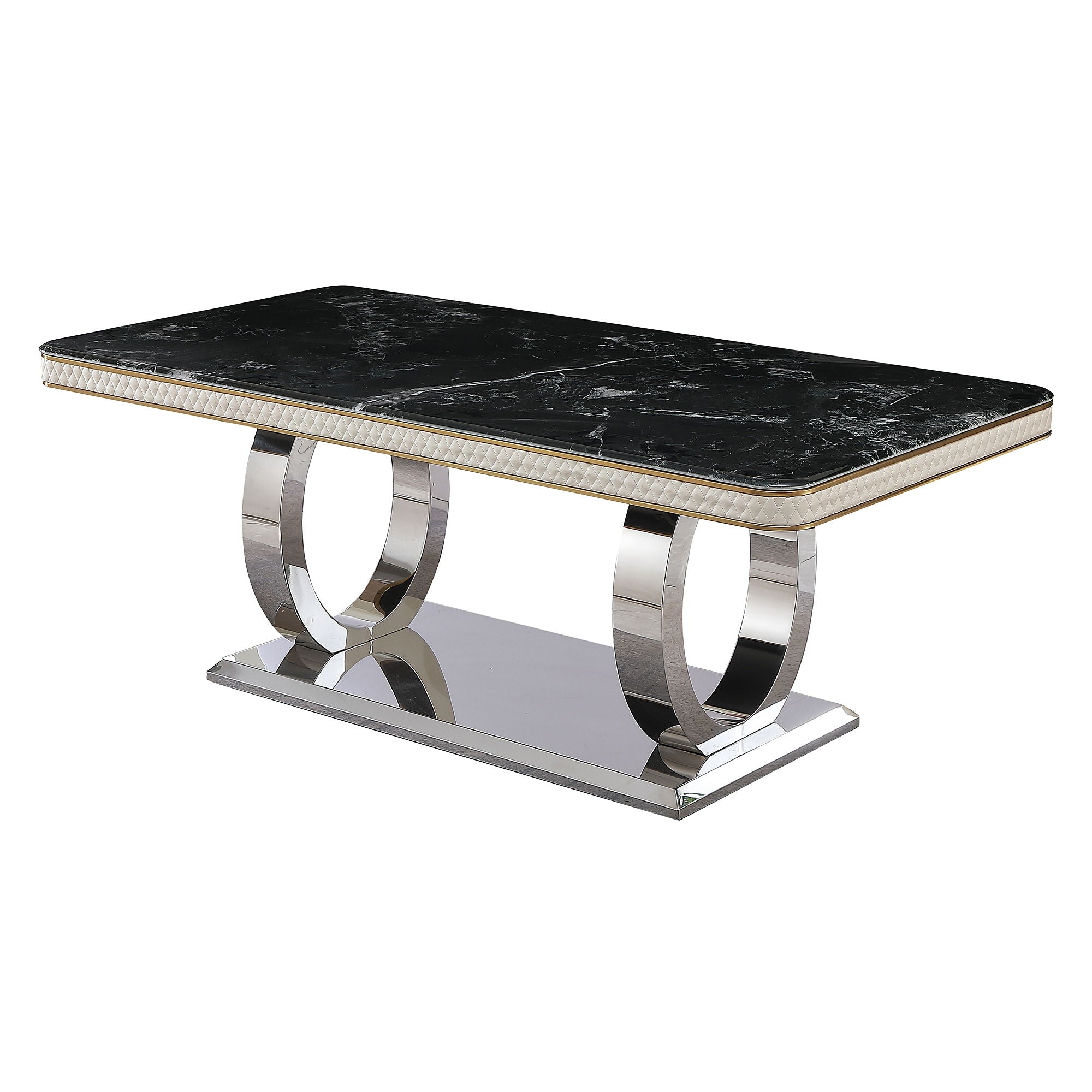 Luxury Modern Dining Table With Faux Marble Top And Dual Circle Base - Black