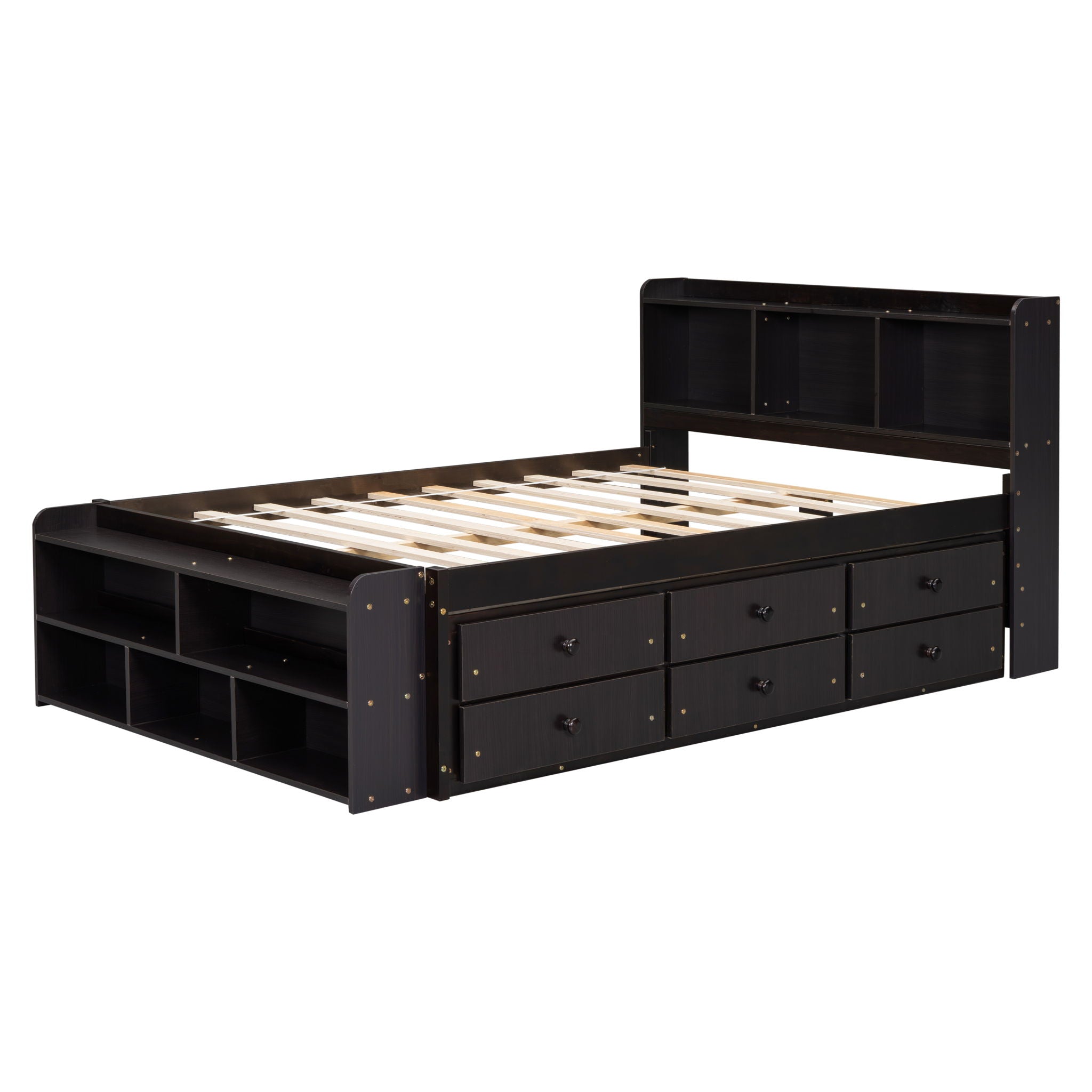 Bed With Bookcase Headboard, Under Bed Storage Drawers And Bed End Storage Case