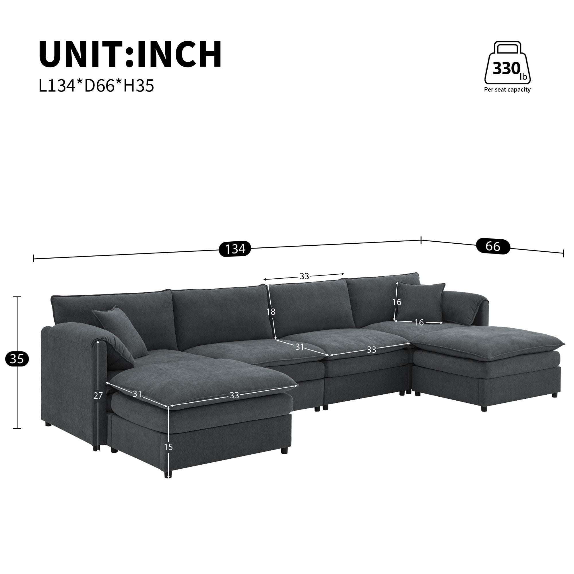 Chenille Modular Sectional Sofa, U Shaped Cloud Couch Set With Double Cushions, 6 Seat Sleeper Sofa Bed With Ottomans, Oversized Indoor Furniture For Living Room