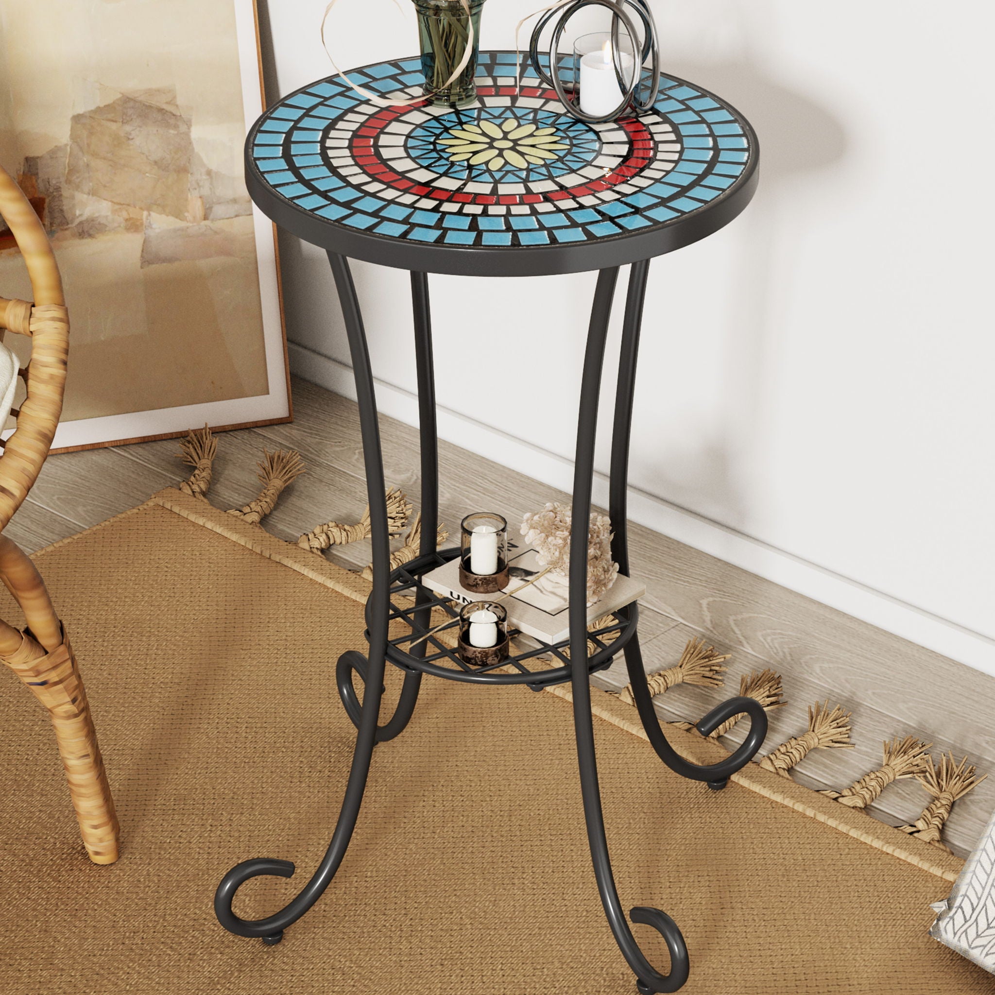 Ceramic Tile And Iron Patio Side Table With Shelf