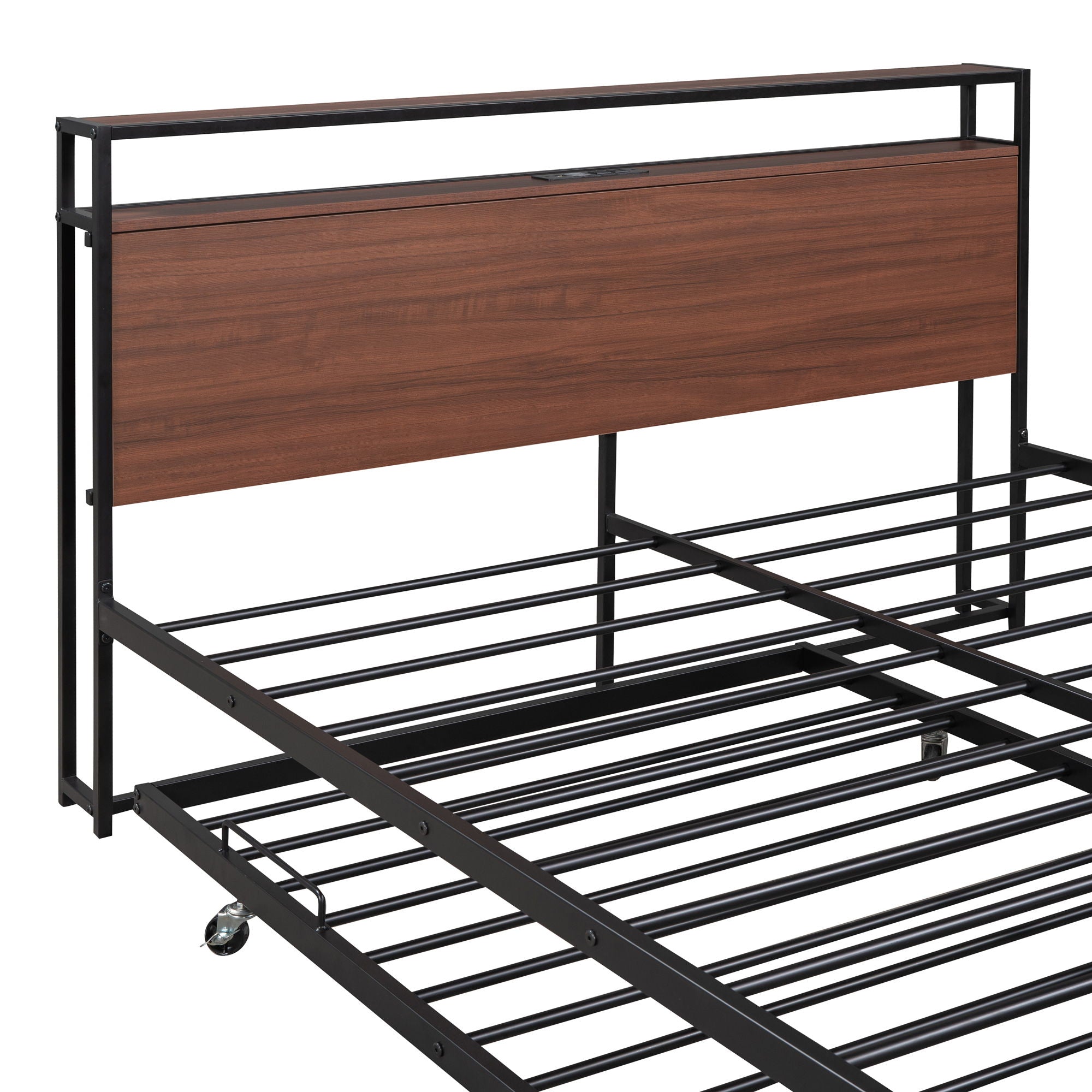 Platform Bed Frame With Trundle, USB Ports And Slat Support, No Box Spring Needed