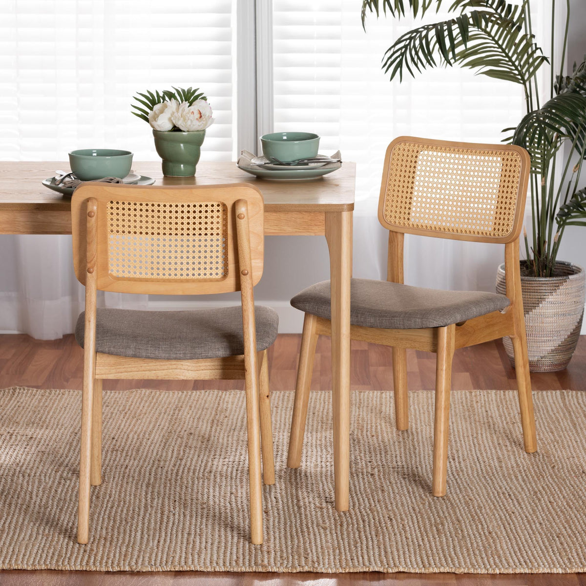 Dannon Mid-Century Modern Grey Fabric and Ntural Oak Finished Wood 2-Piece Dining Chair Set