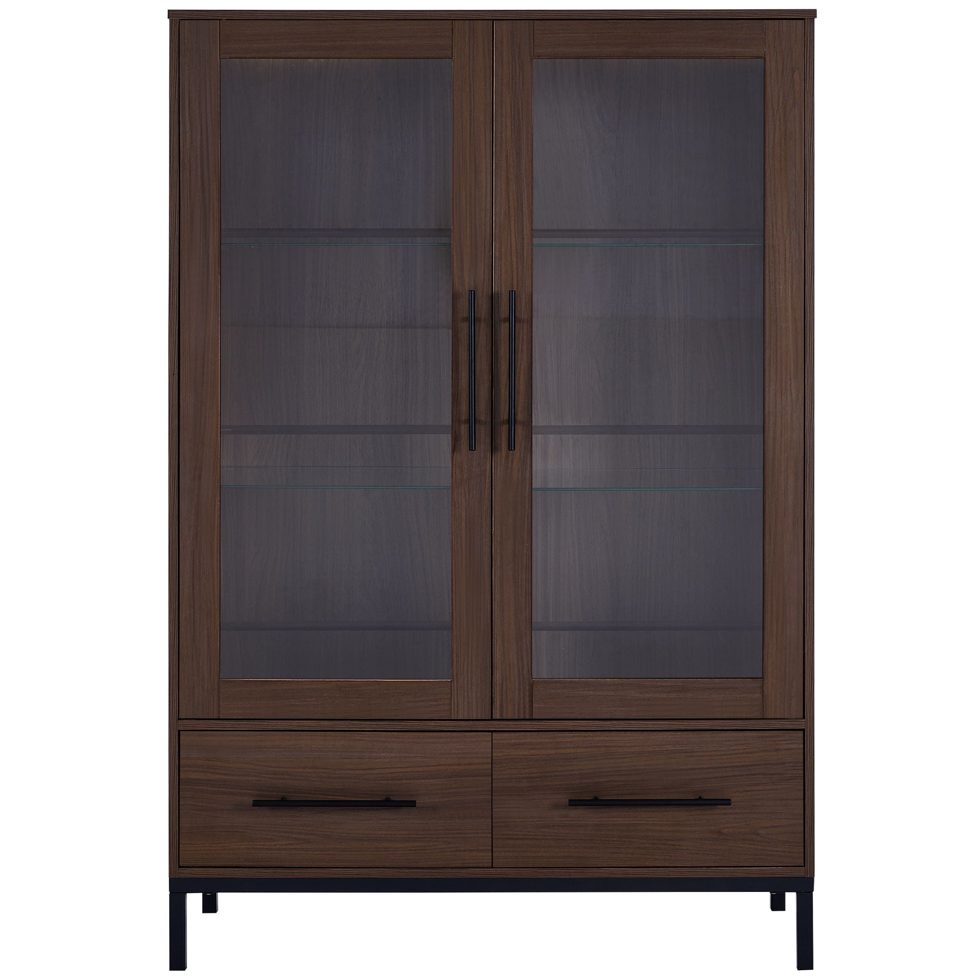 Modern Style Tall Display Cabinet With LED Lighting, Tempered Glass Door, 2 Drawers