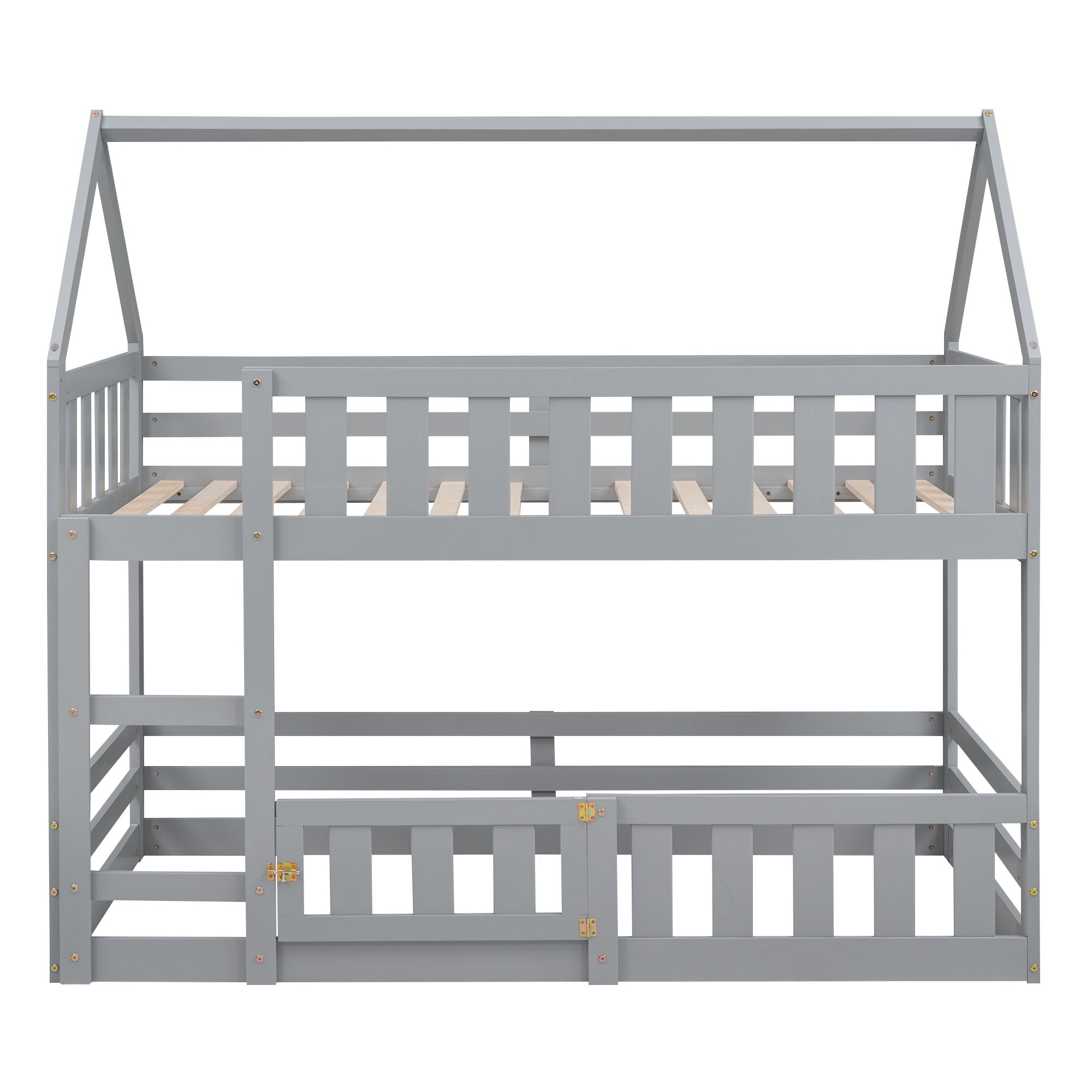 Twin Over Twin House Bunk Bed With Fence And Door