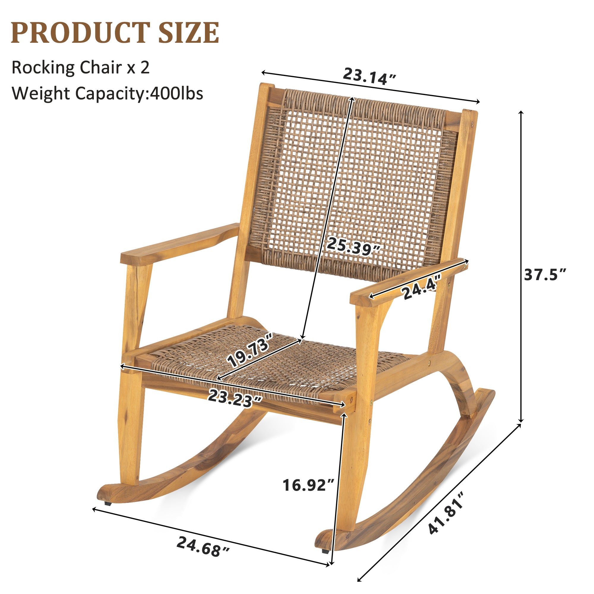 2-Pieces Patio Rocking Chair Set, Acacia Wood Outdoor Rockers with Wicker Rattan Seat & Backrest