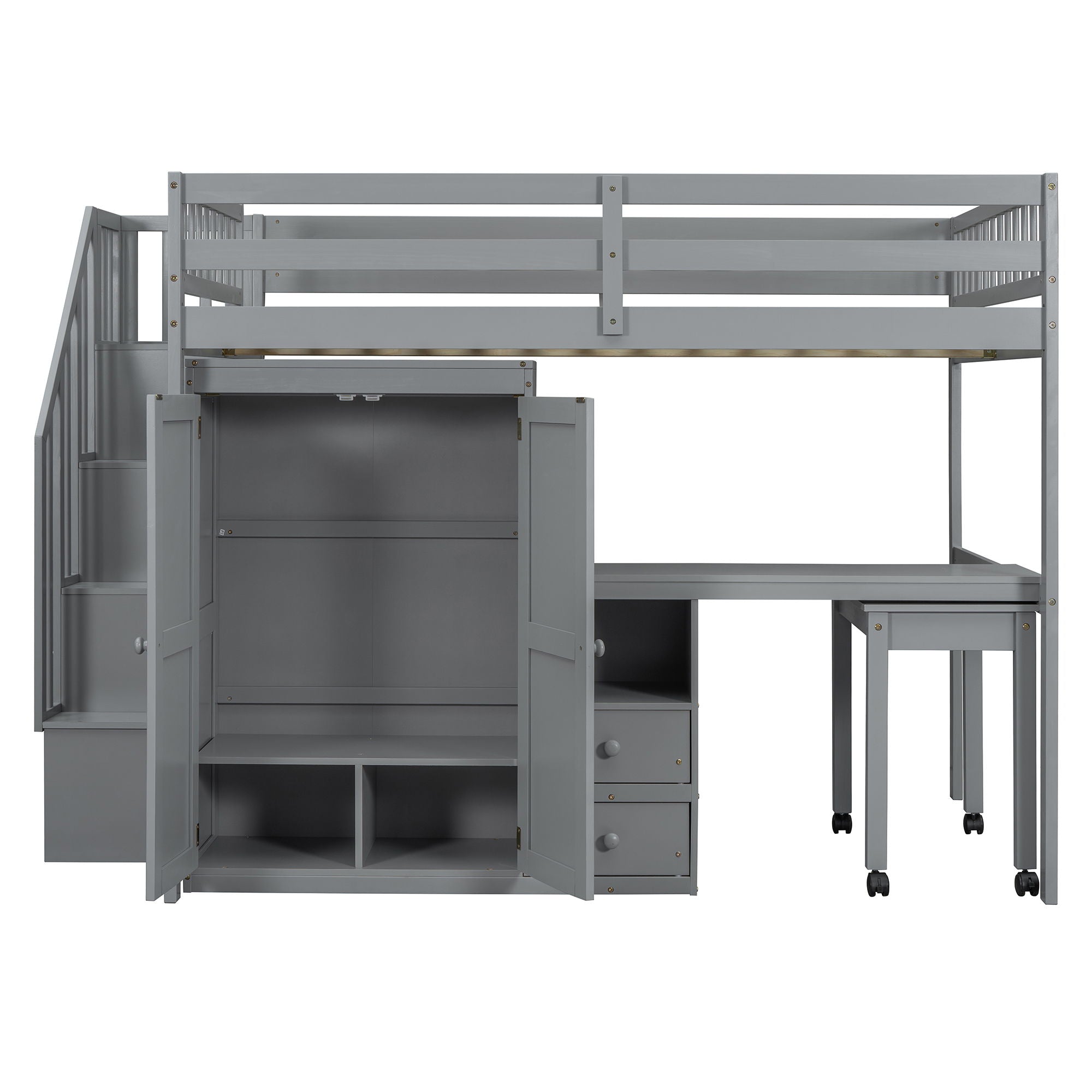 Loft Bed With Stairs, Bookshelf, Drawers, Desk & Wardrobe, Space Saving Multifunctional Furniture