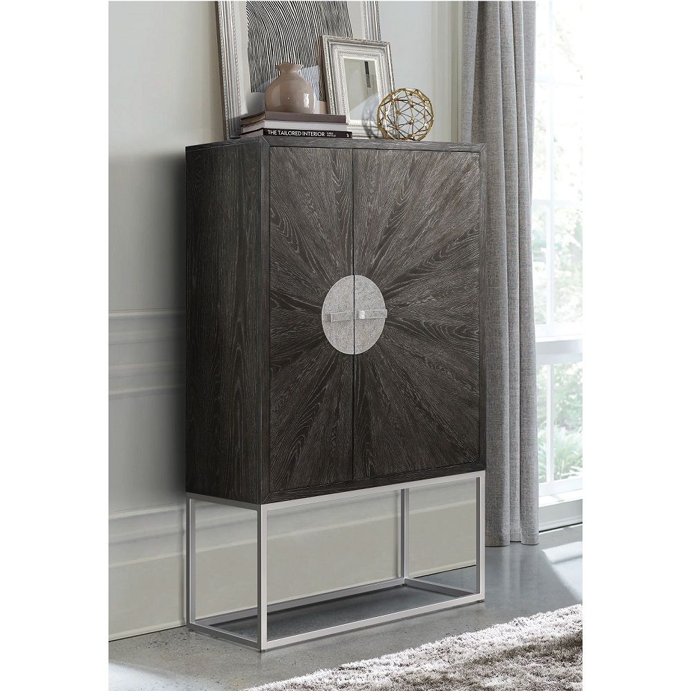 ACME Andra - Bar Cabinet - Hand Brushed Gray Oak & Chrome | Meri Furniture