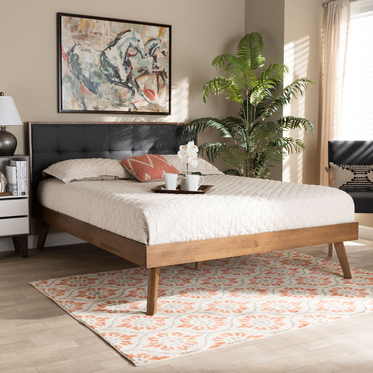 Alke Mid-Century Modern Dark Grey Fabric Upholstered Walnut Brown Finished Wood Queen Size Platform Bed
