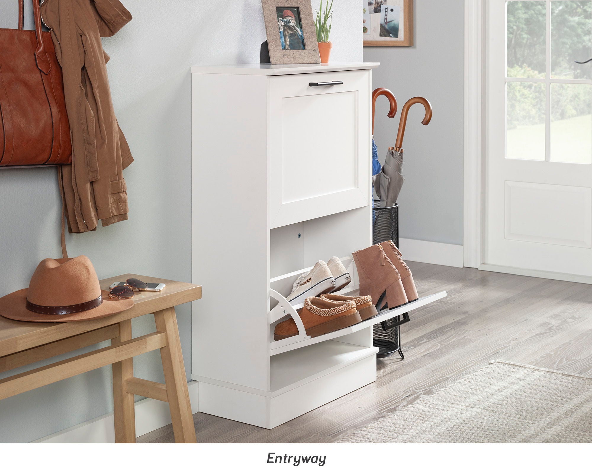 Narrow Shoe Cabinet with Flip Door in White