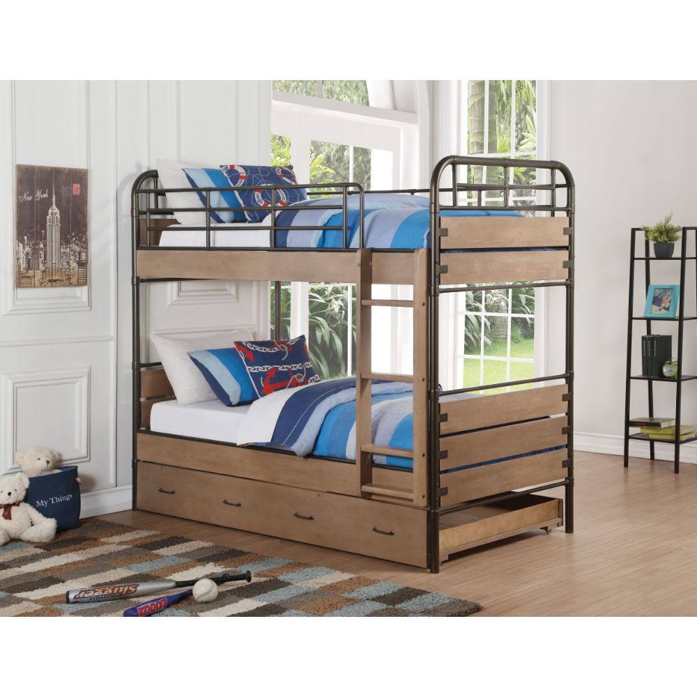ACME Adams - Twin Over Twin Bunk Bed & Trundle - Antique Oak & Gunmetal | Meri Furniture